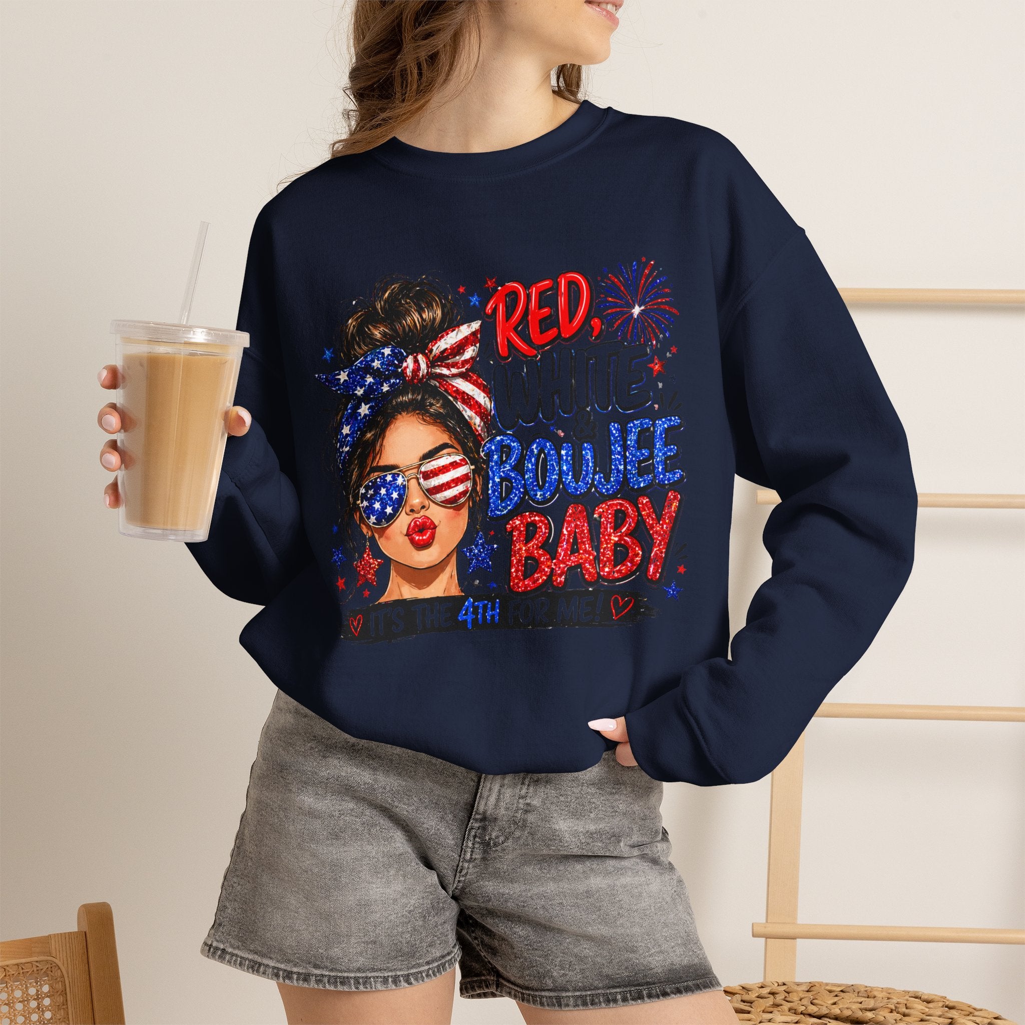 Crewneck Sweatshirt — "Red White Boujee Baby" Patriotic Women's 4th of July Graphic
