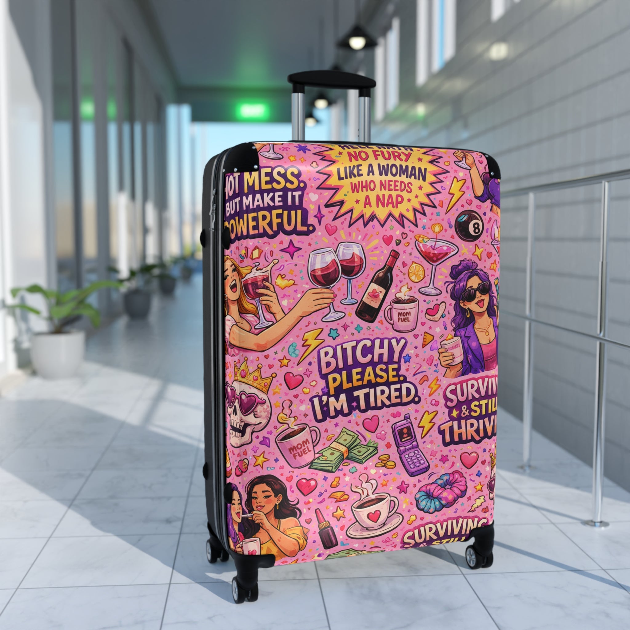 Pink Sassy Travel Suitcase – "Bitchy, Please I'm Tired" Patterned Carry-On