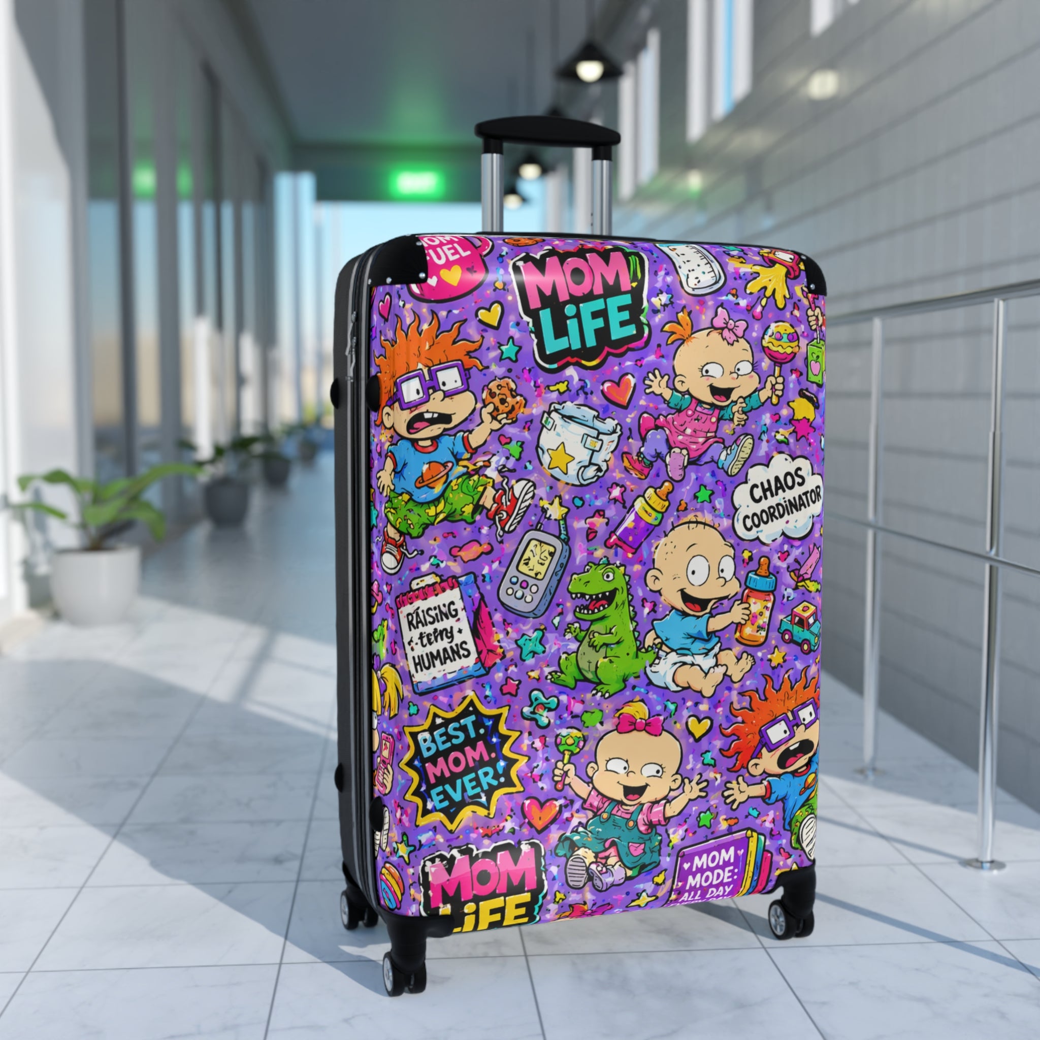 Mom Life Cartoon Suitcase — Colorful Travel Luggage with 'Mom Life' & Chaos Coordinator Design