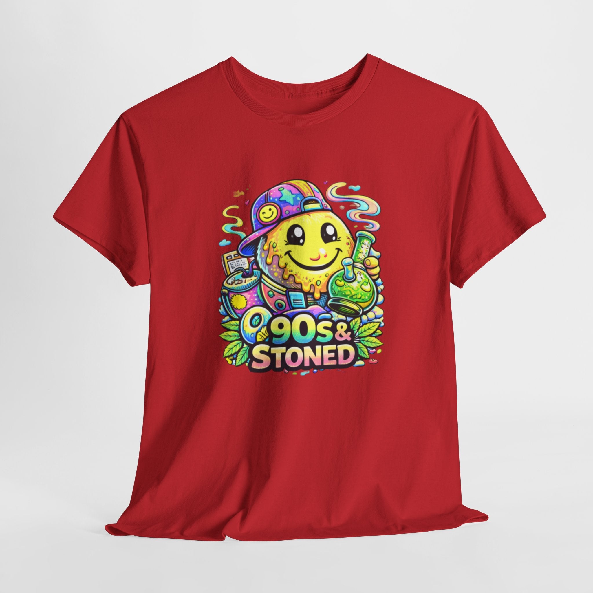 90s & Stoned Smiley Tee — Retro Vaporwave Cannabis Graphic T-Shirt