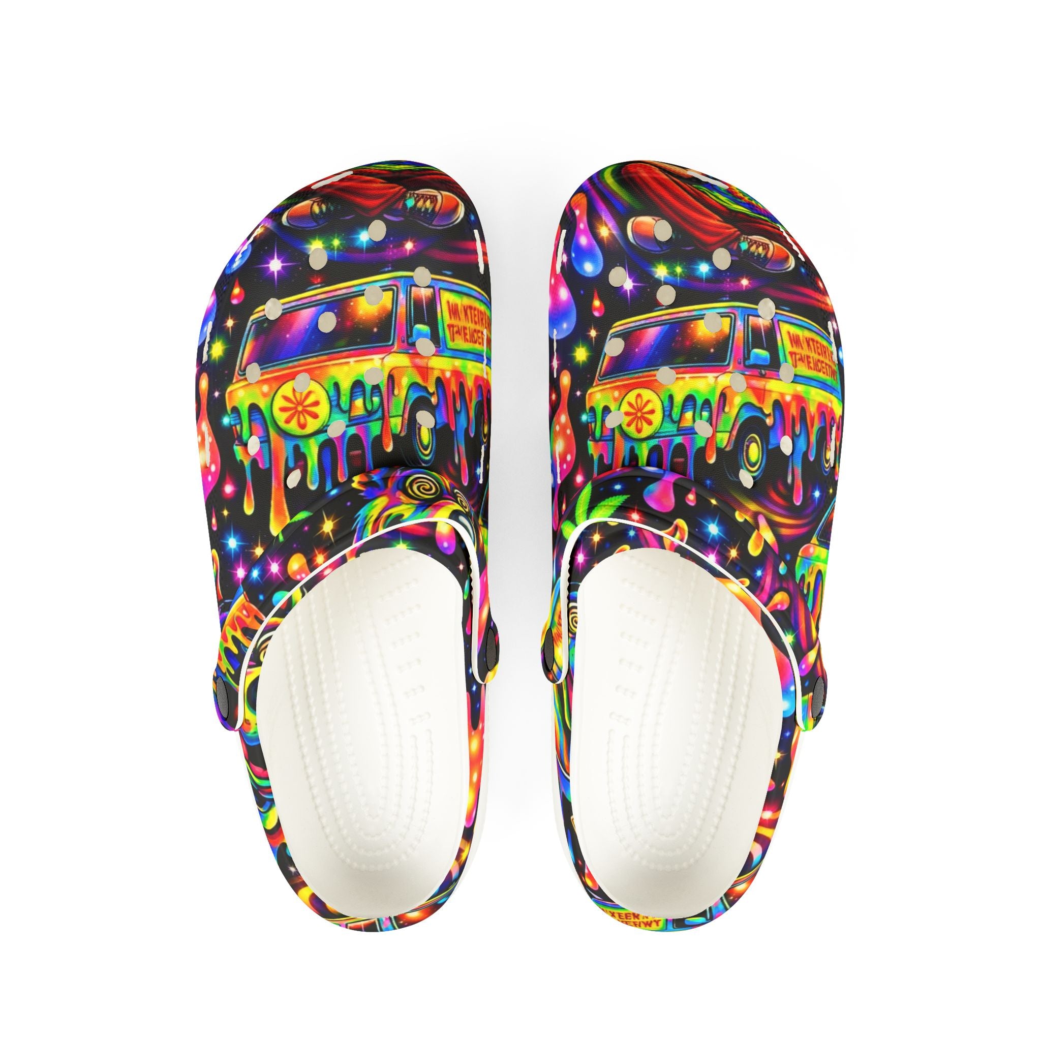 Psychedelic Hippie Van EVA Clogs — Colorful Drip Festival Slip-On Shoes
