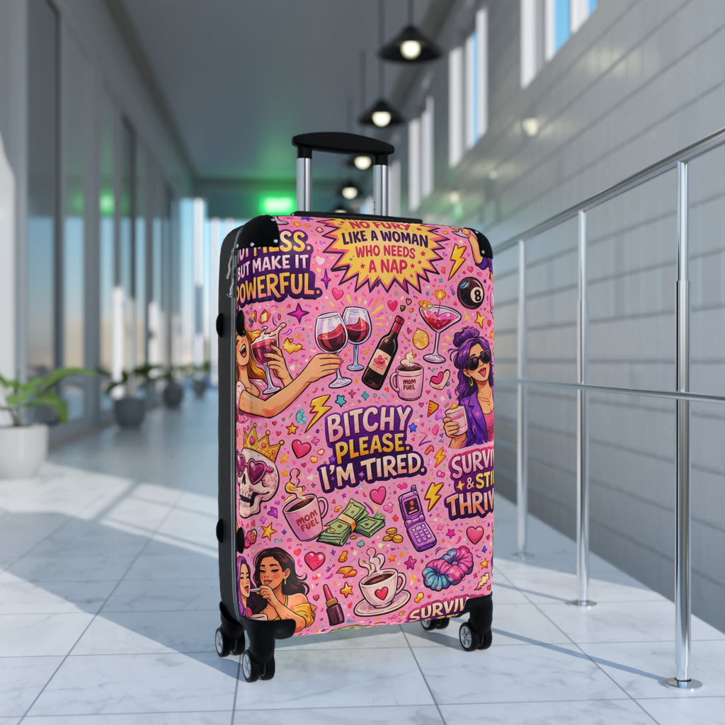 Pink Sassy Travel Suitcase – "Bitchy, Please I'm Tired" Patterned Carry-On
