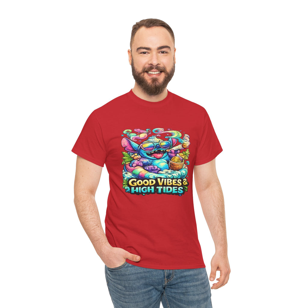 T-Shirt — "Good Vibes & High Tides" Colorful Surf Shark Graphic Tee