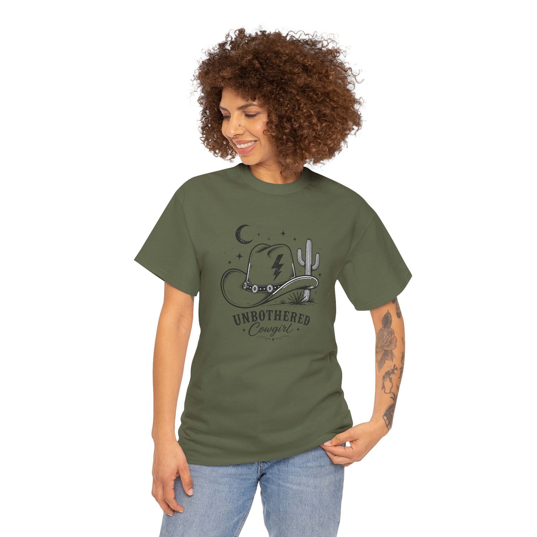 Unbothered Cowgirl Graphic Tee — Western Cowboy Hat & Cactus Design