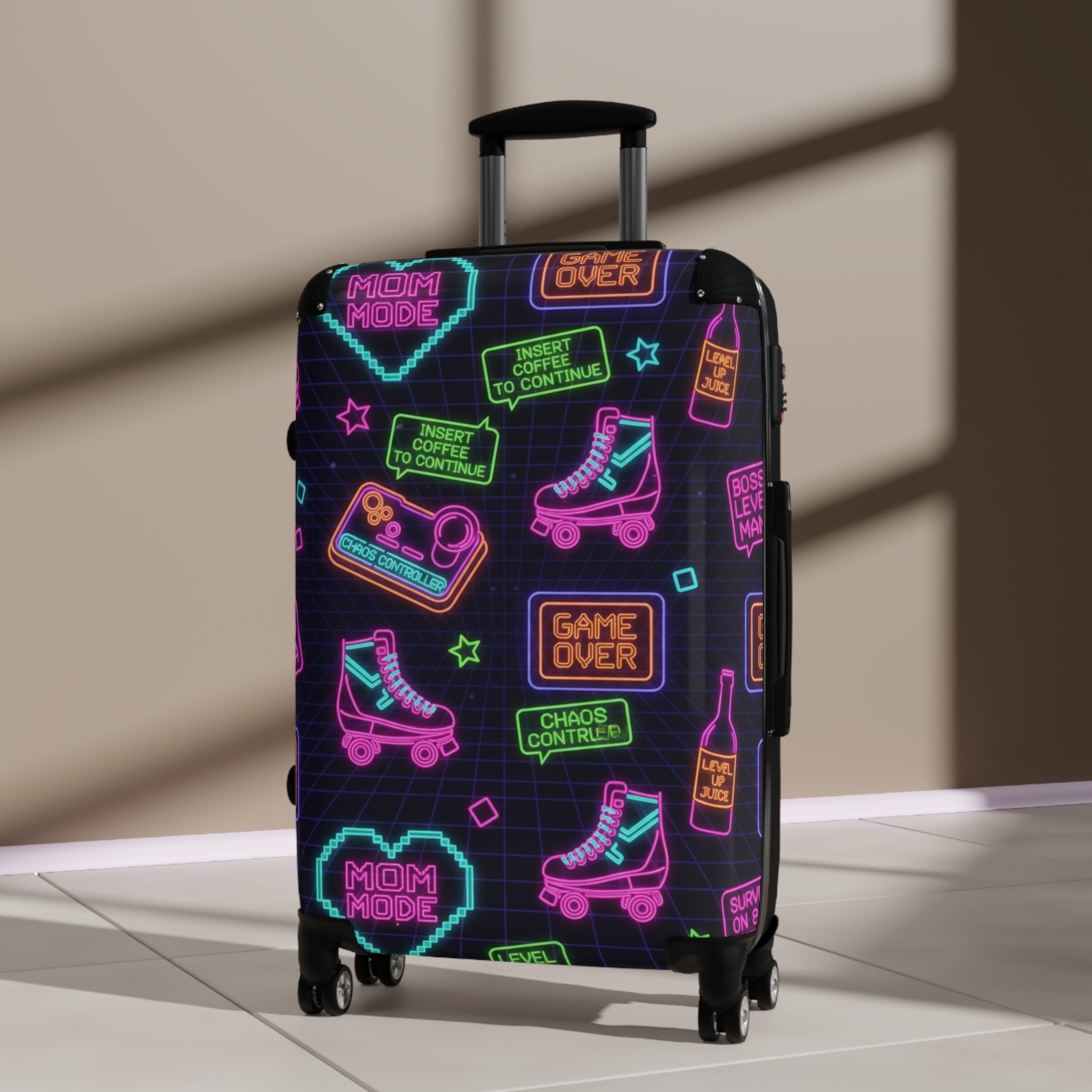 Neon Retro Arcade Suitcase – Roller Skates & Game Over Travel Luggage