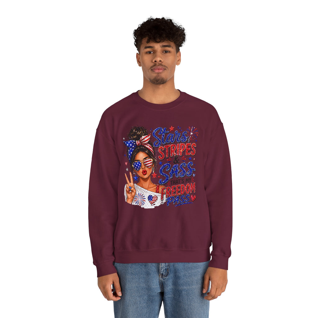 Patriotic 'Stars, Stripes & Sass' Crewneck Sweatshirt – 4th of July Freedom Pass Graphic