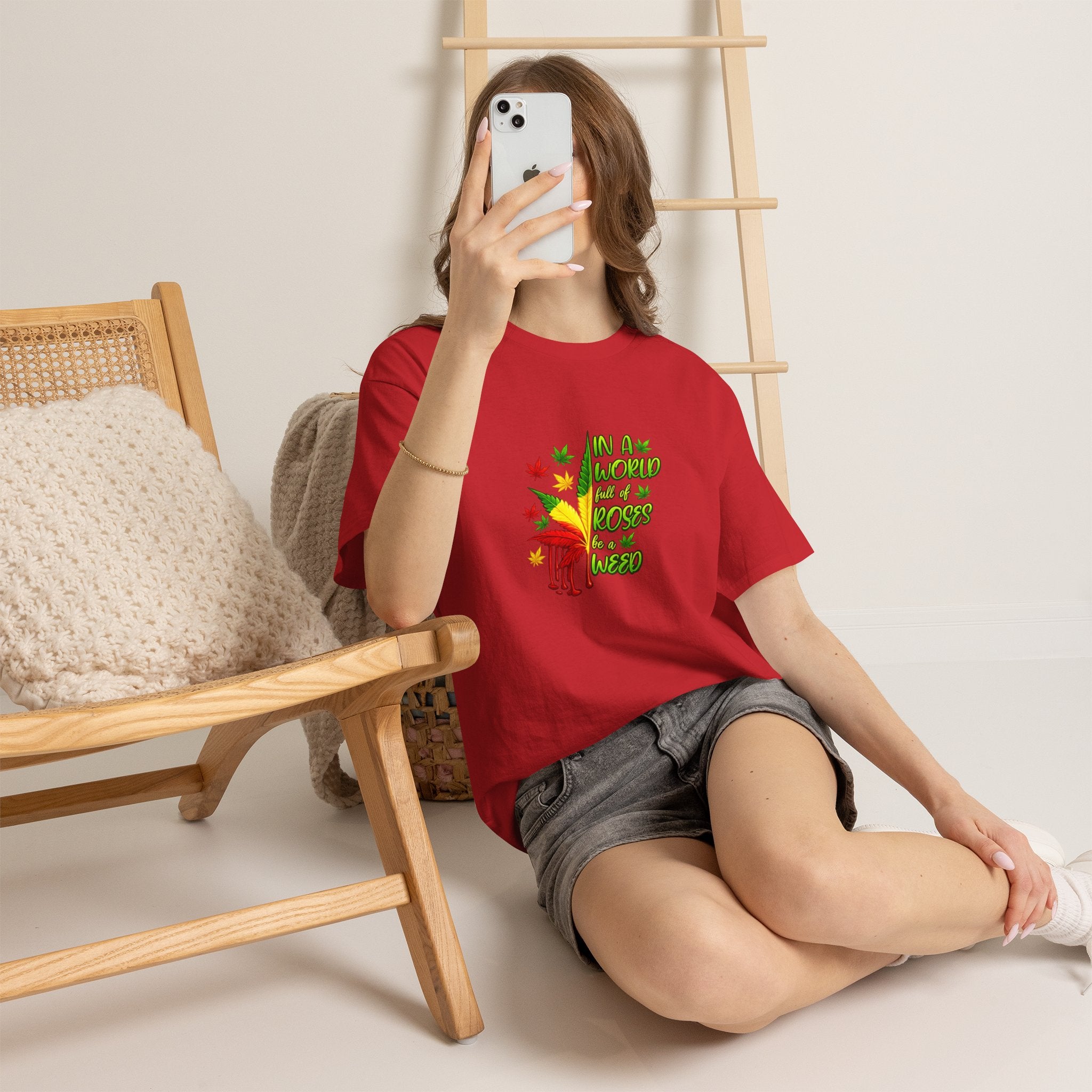 T-Shirt — "In A World Where Mosses Rule" Colorful Mushroom & Leaf Graphic