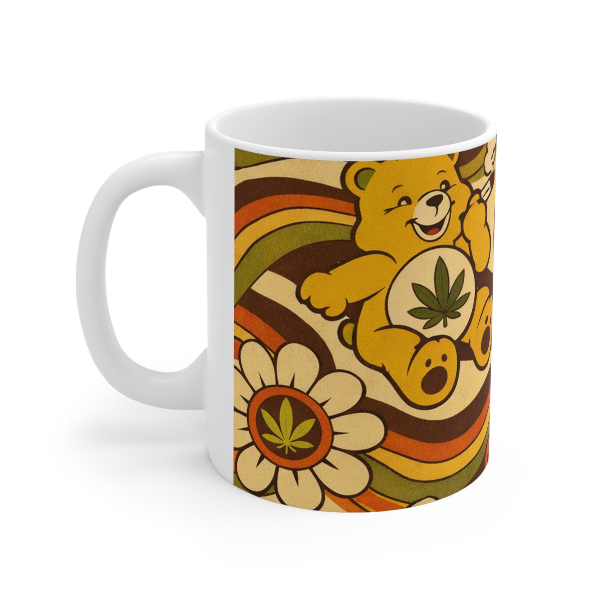 Retro Weed Bear Mug — 11oz & 15oz Ceramic Coffee Cup with Peace Sign & Cannabis Design