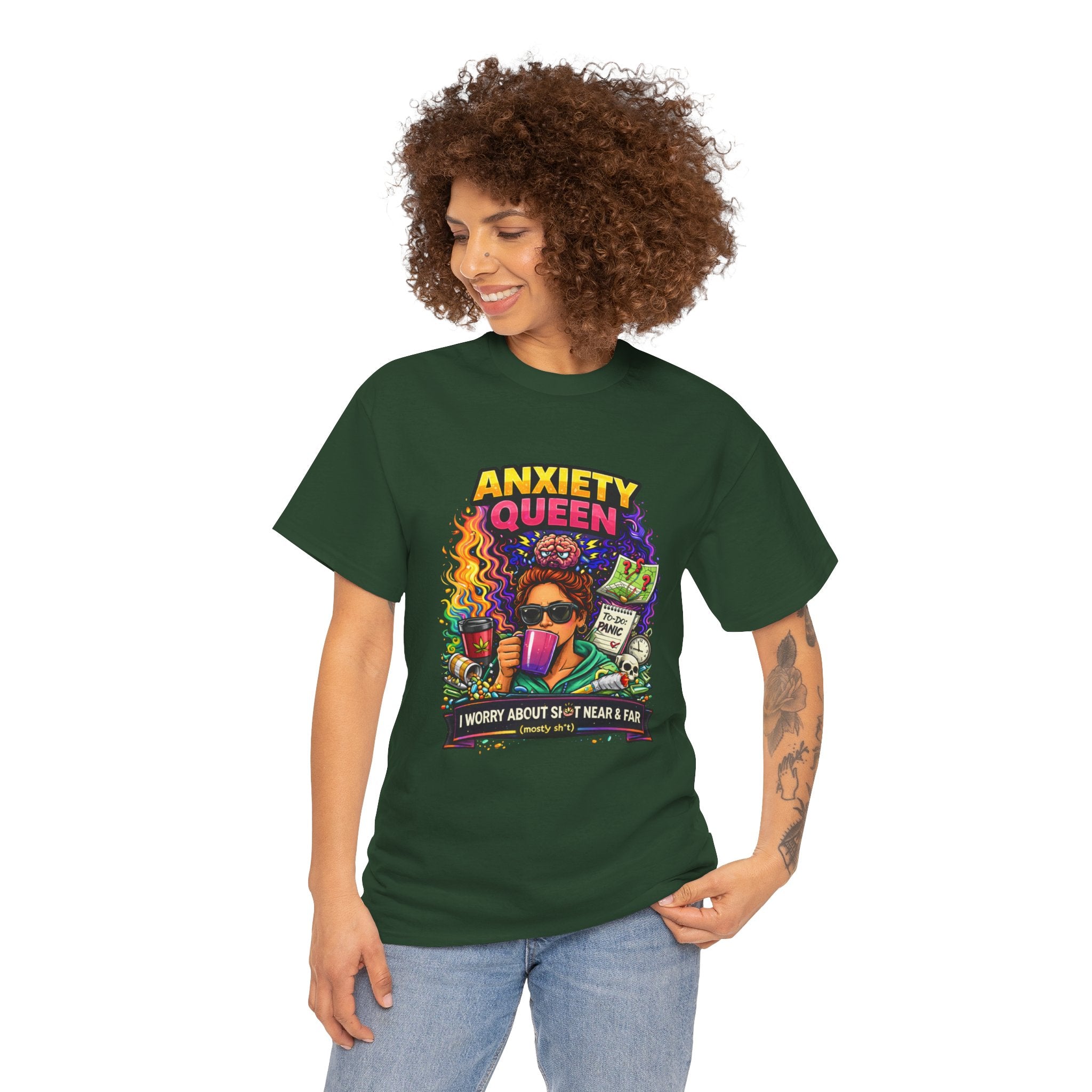 Anxiety Queen T-Shirt – Funny Mental Health Graphic Tee (“I Worry About Sh*t Near & Far”)