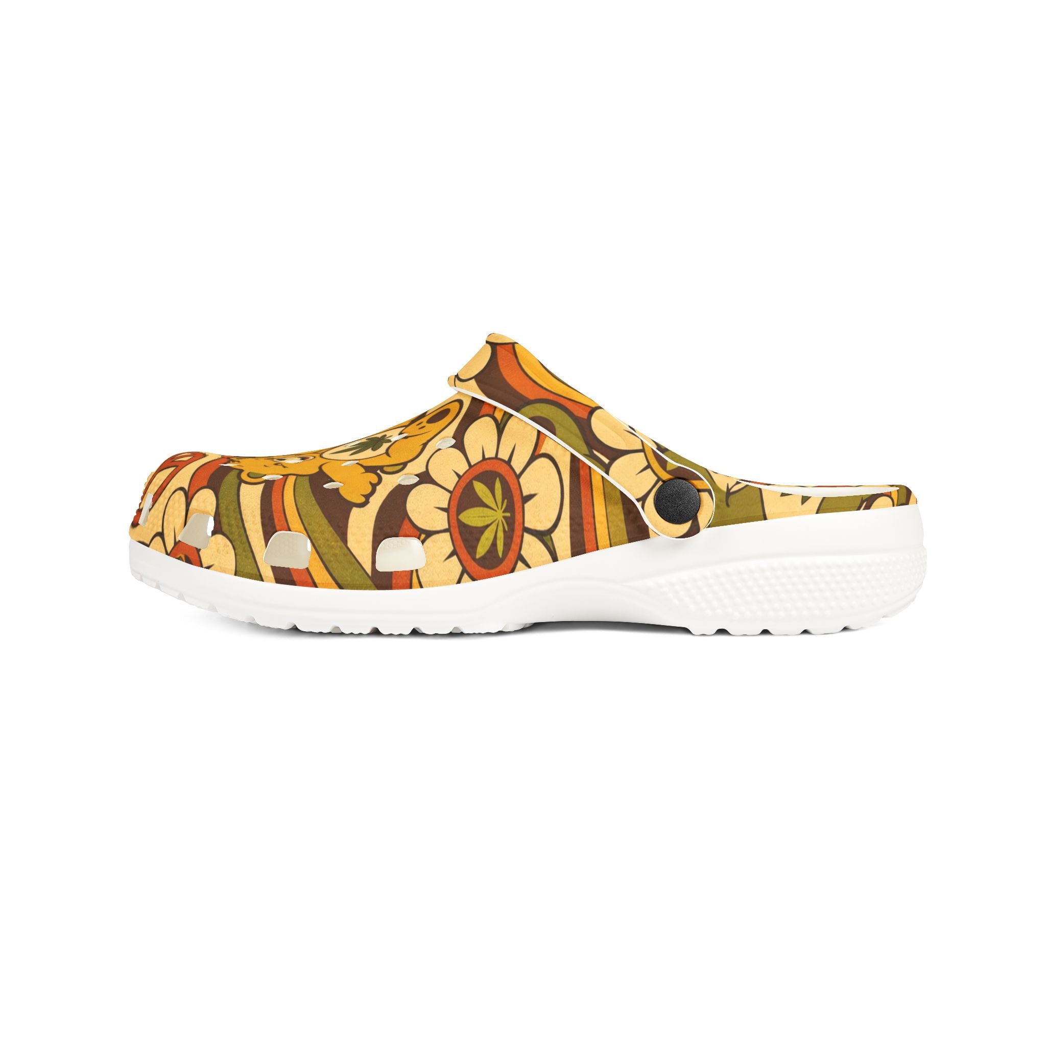 Retro Flower Power EVA Clogs — 70s Peace Sign Floral Slip-On Shoes