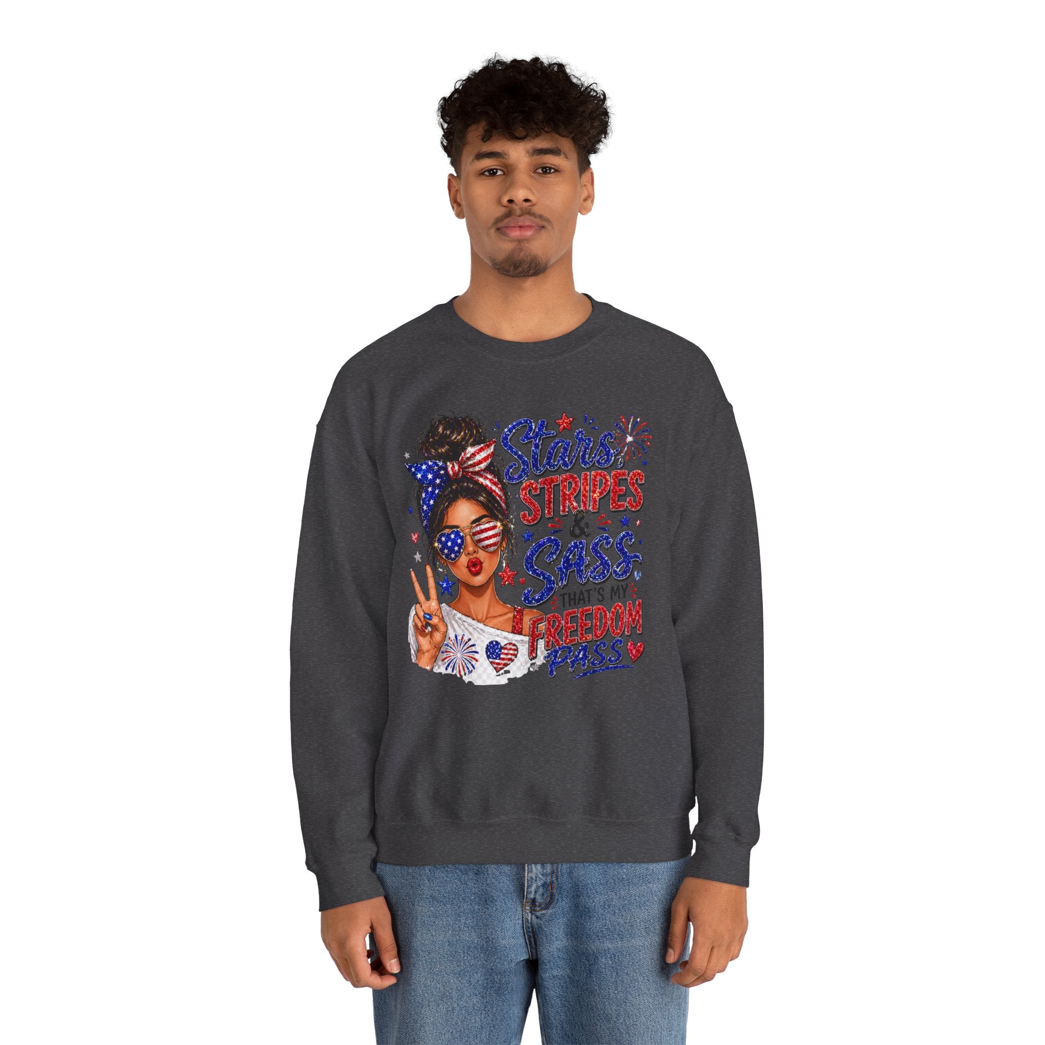 Patriotic 'Stars, Stripes & Sass' Crewneck Sweatshirt – 4th of July Freedom Pass Graphic