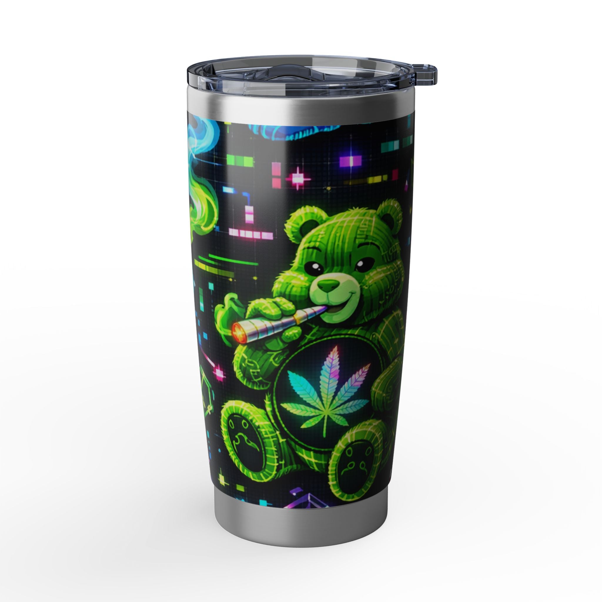 Neon Psychedelic Bear 20oz Tumbler — Vaporwave Travel Cup with Retro Cannabis Art