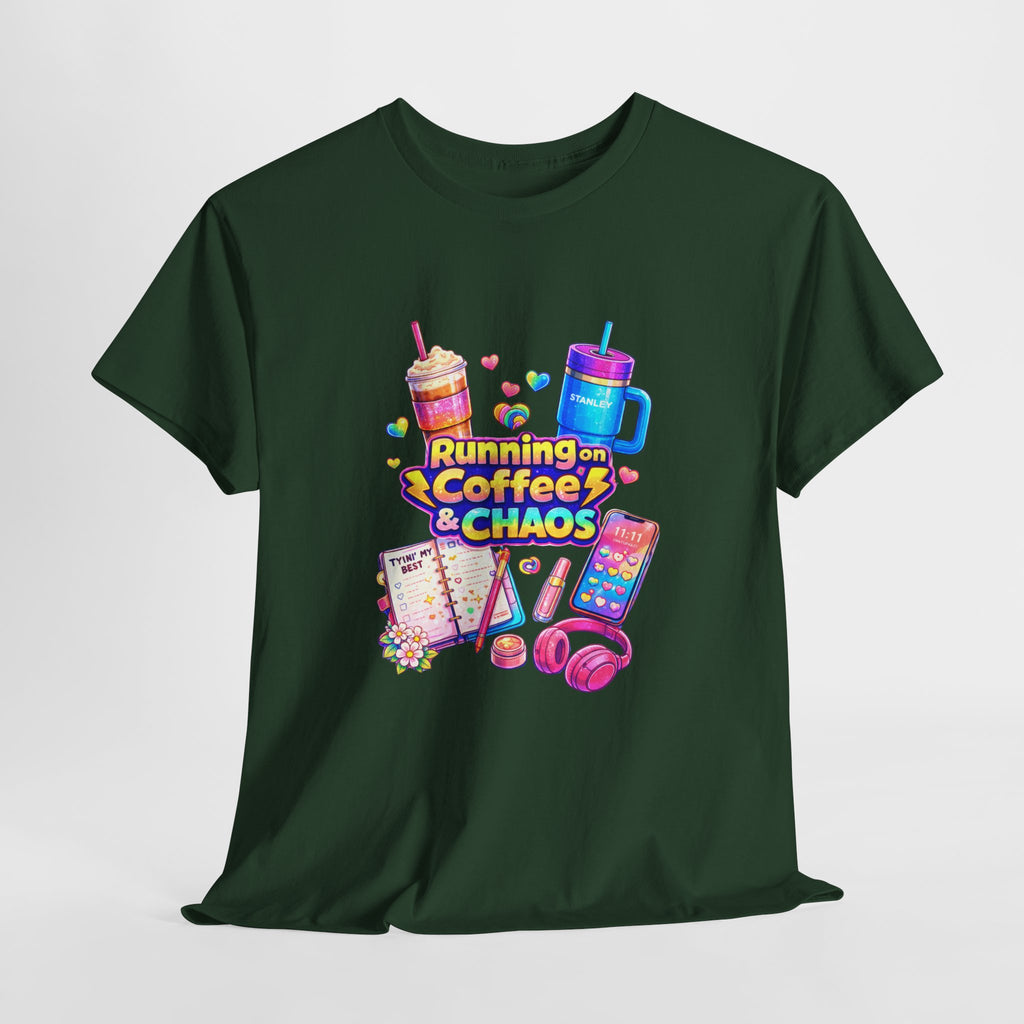 Graphic Tee — "Running on Coffee & Chaos" Colorful Planner Lover Shirt