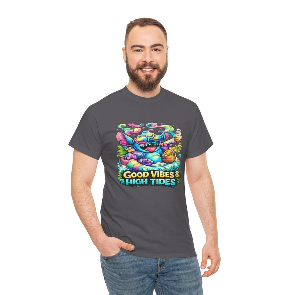 T-Shirt — "Good Vibes & High Tides" Colorful Surf Shark Graphic Tee