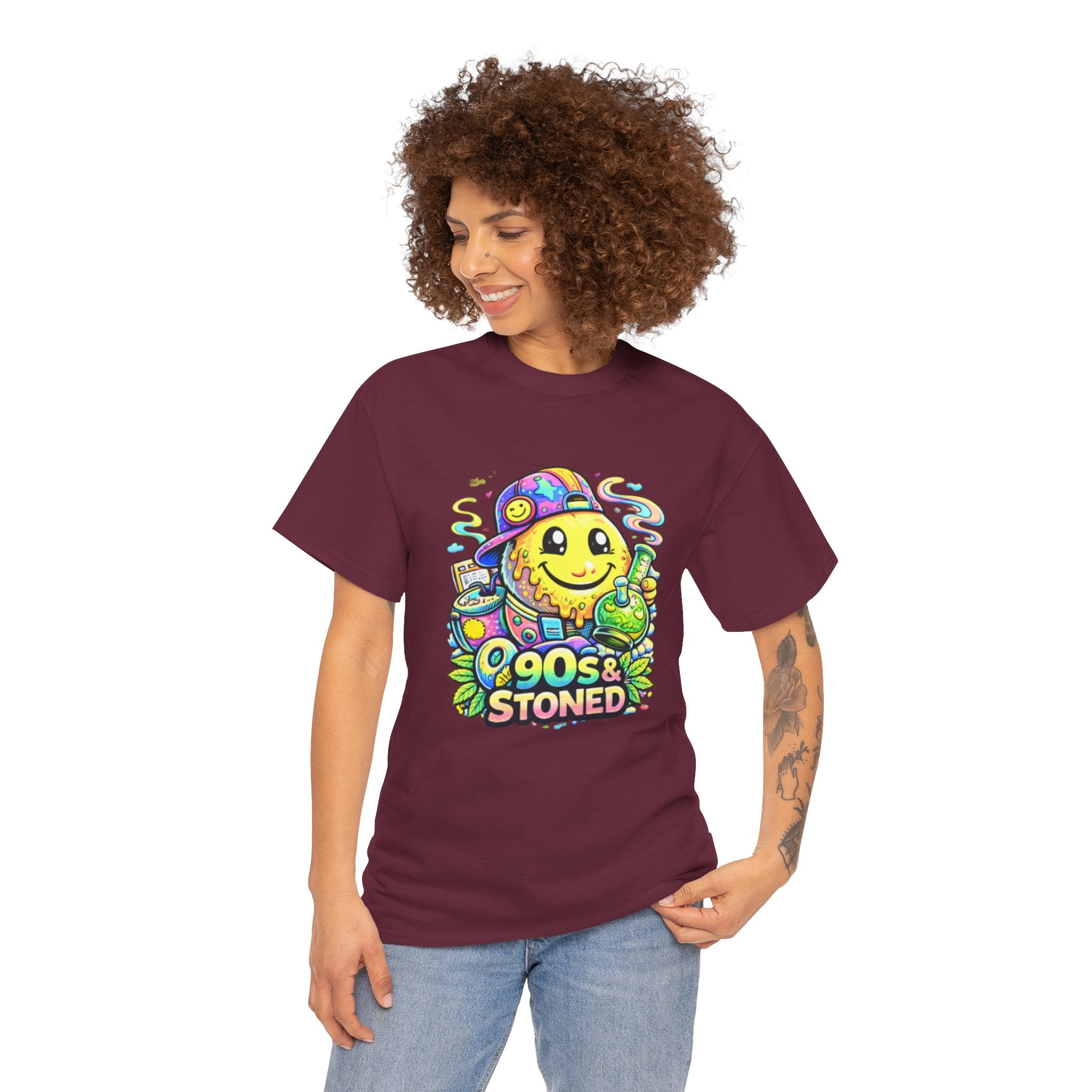 90s & Stoned Smiley Tee — Retro Vaporwave Cannabis Graphic T-Shirt