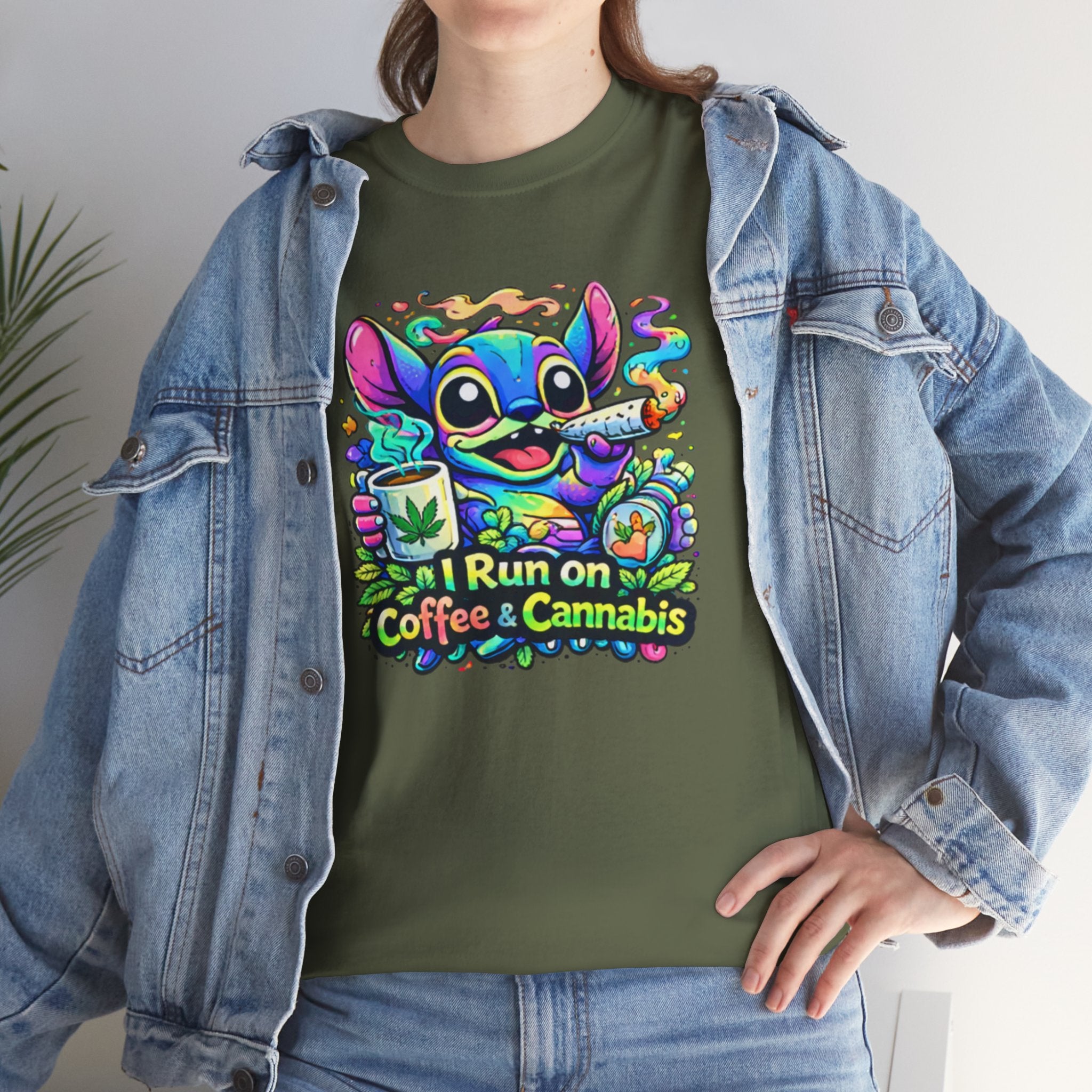 Coffee & Cannabis Tee — 'I Run on Coffee & Cannabis' Cute Stitch Graphic T-Shirt