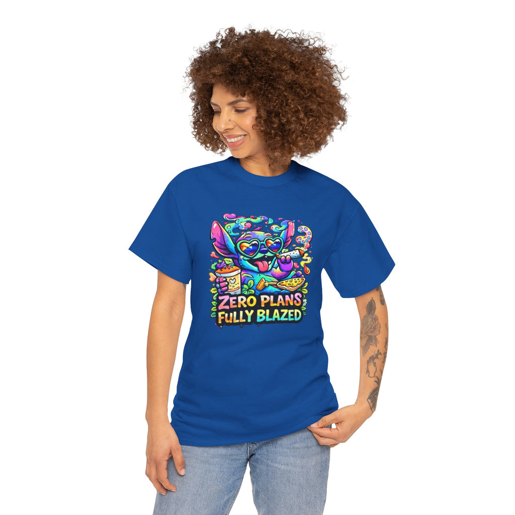 Zero Plans Fully Blazed Tee — Colorful Stoner Cat Graphic T-Shirt