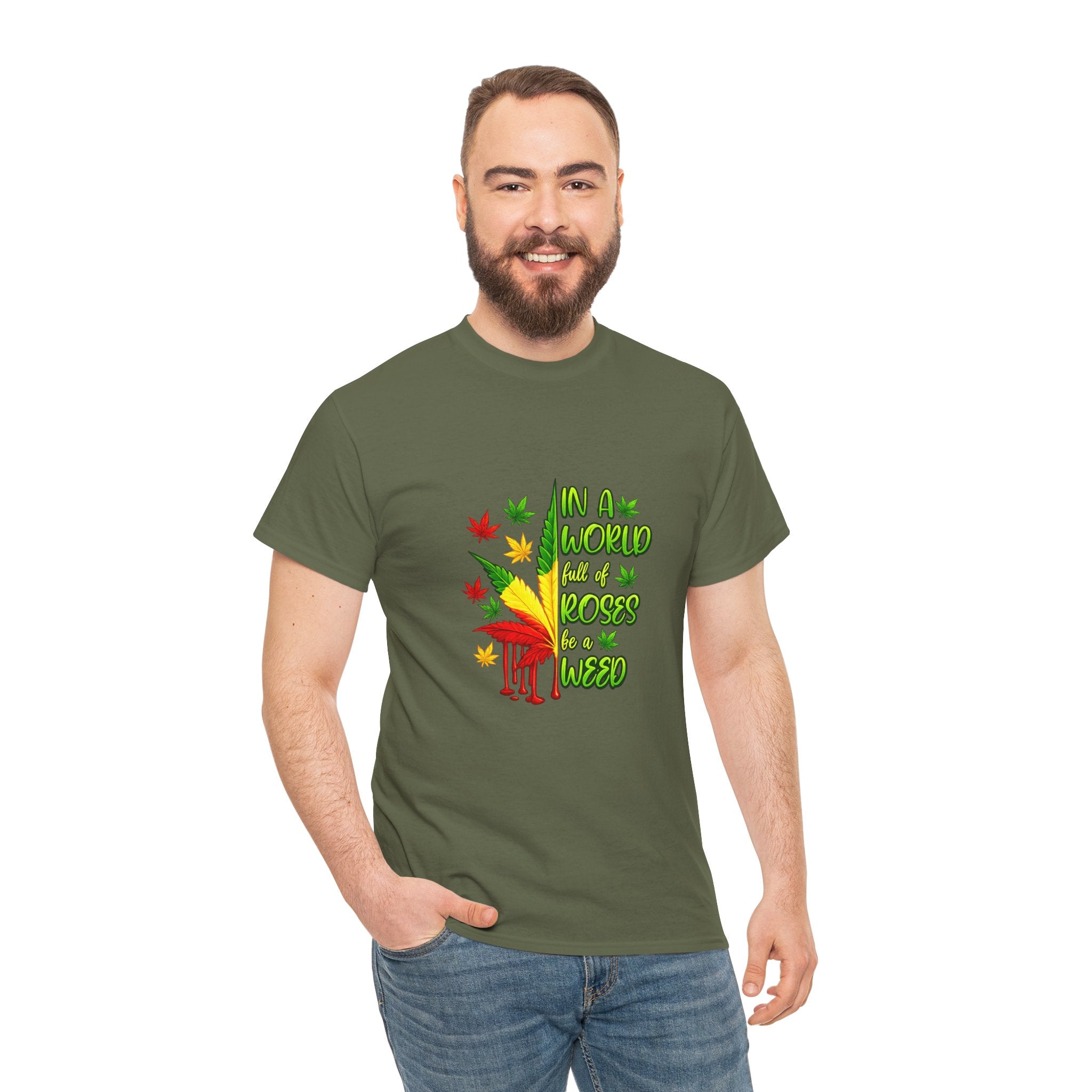 T-Shirt — "In A World Where Mosses Rule" Colorful Mushroom & Leaf Graphic