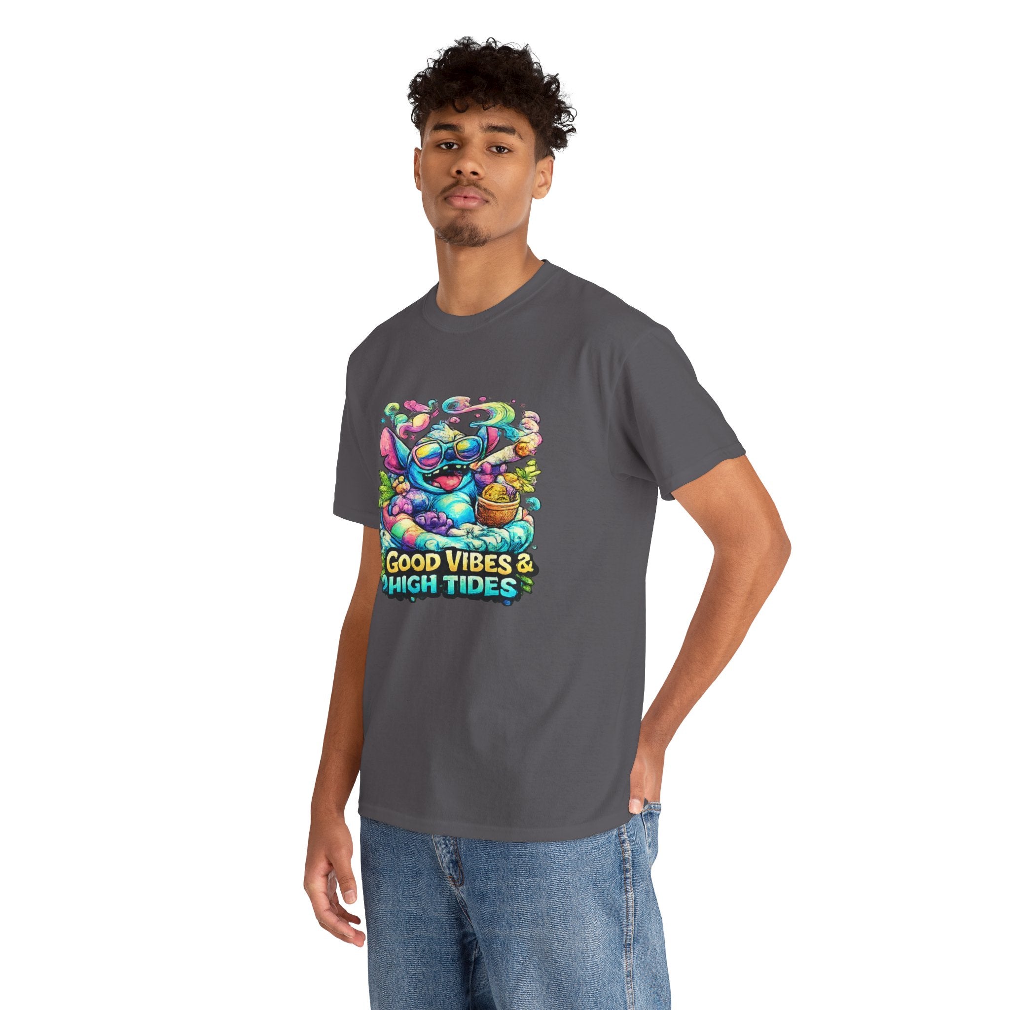 T-Shirt — "Good Vibes & High Tides" Colorful Surf Shark Graphic Tee