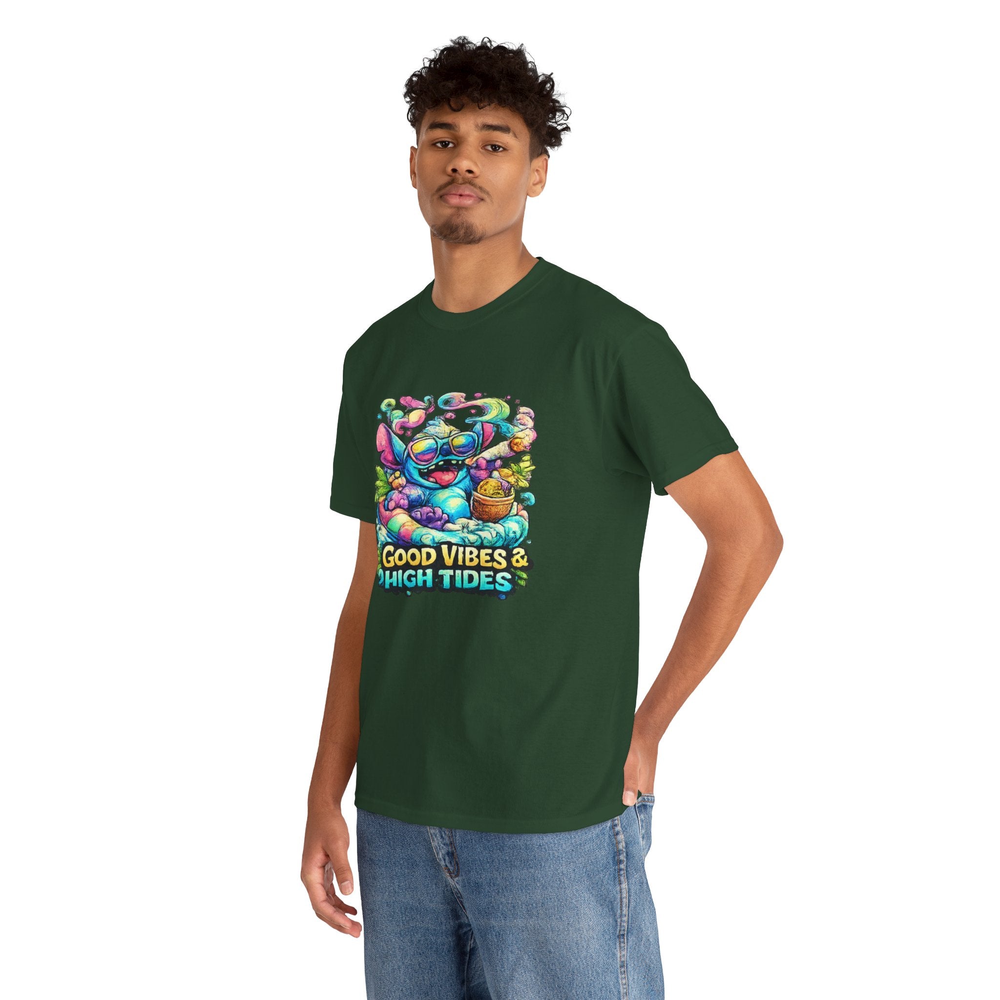 T-Shirt — "Good Vibes & High Tides" Colorful Surf Shark Graphic Tee