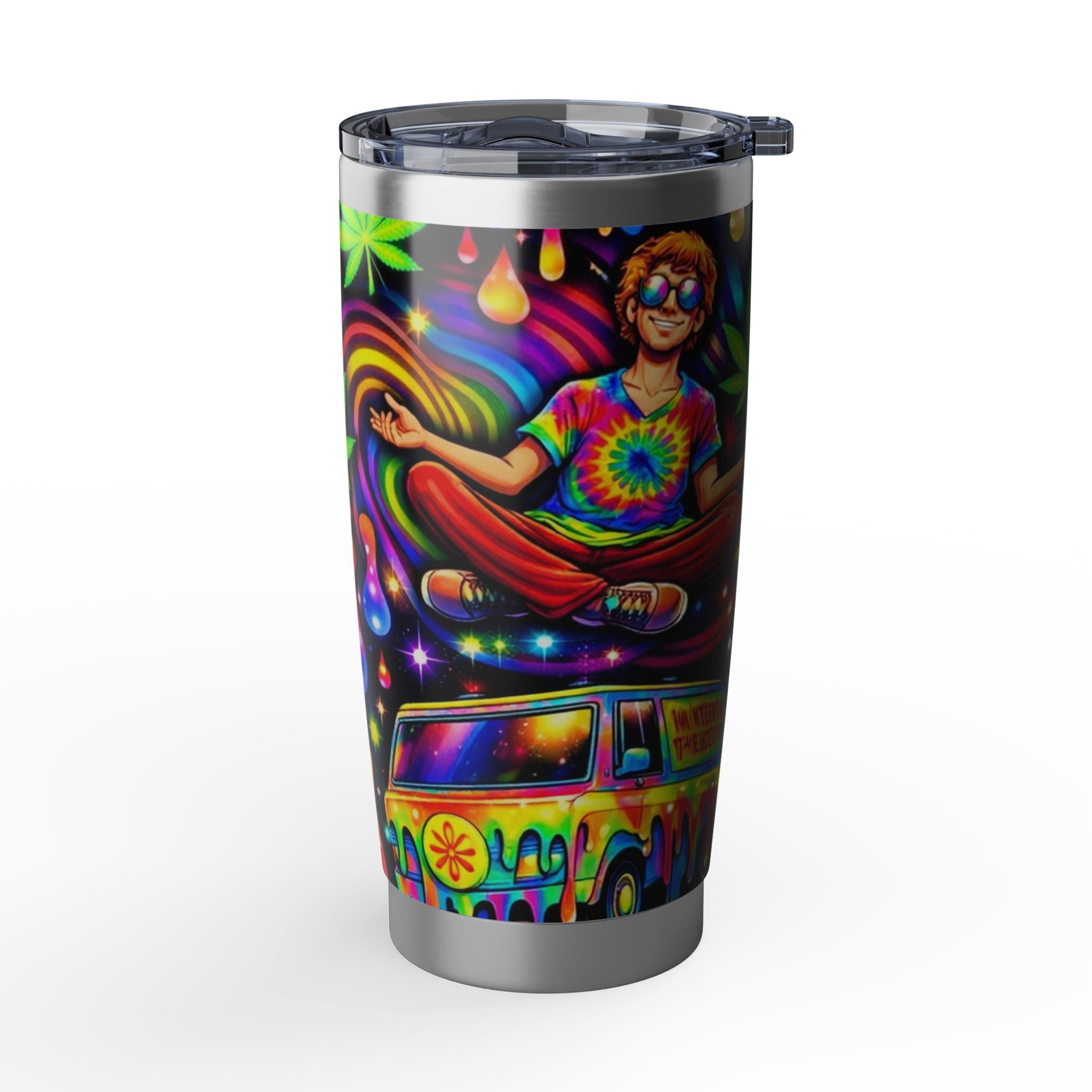 Psychedelic Hippie Tumbler — 20oz Vagabond Travel Mug with Tie-Dye & Cannabis Art