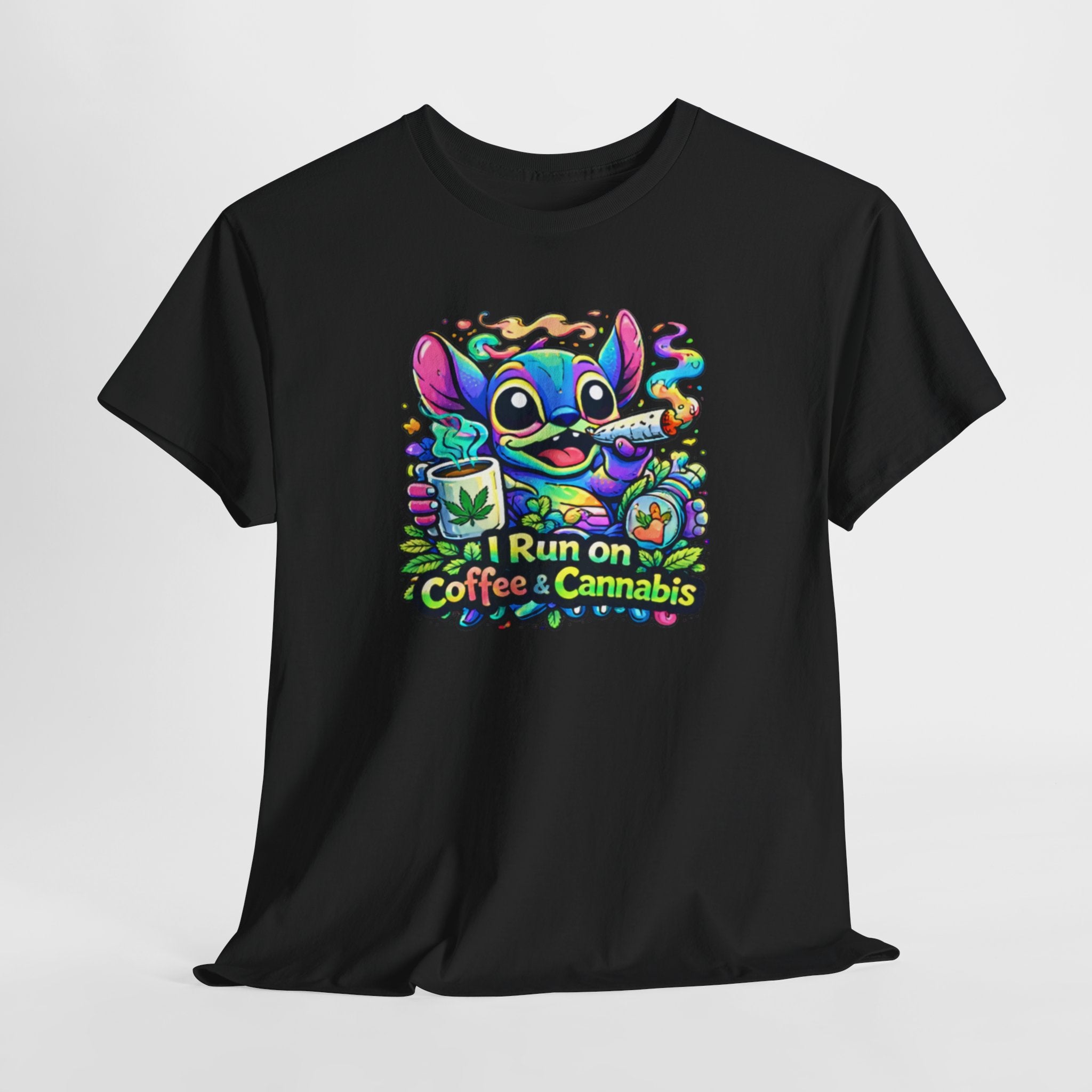 Coffee & Cannabis Tee — 'I Run on Coffee & Cannabis' Cute Stitch Graphic T-Shirt