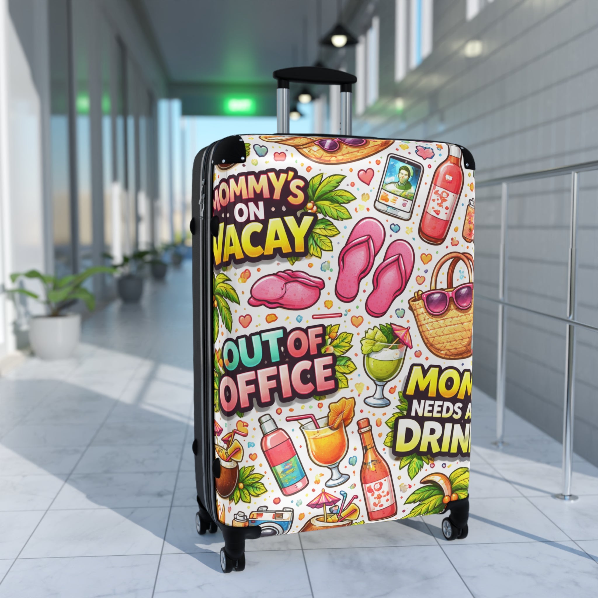 Vacation Vibes Carry-On Suitcase – "Mom Needs a Drink" Tropical Travel Luggage