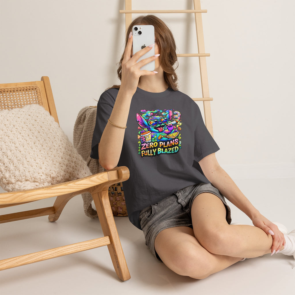 Zero Plans Fully Blazed Tee — Colorful Stoner Cat Graphic T-Shirt