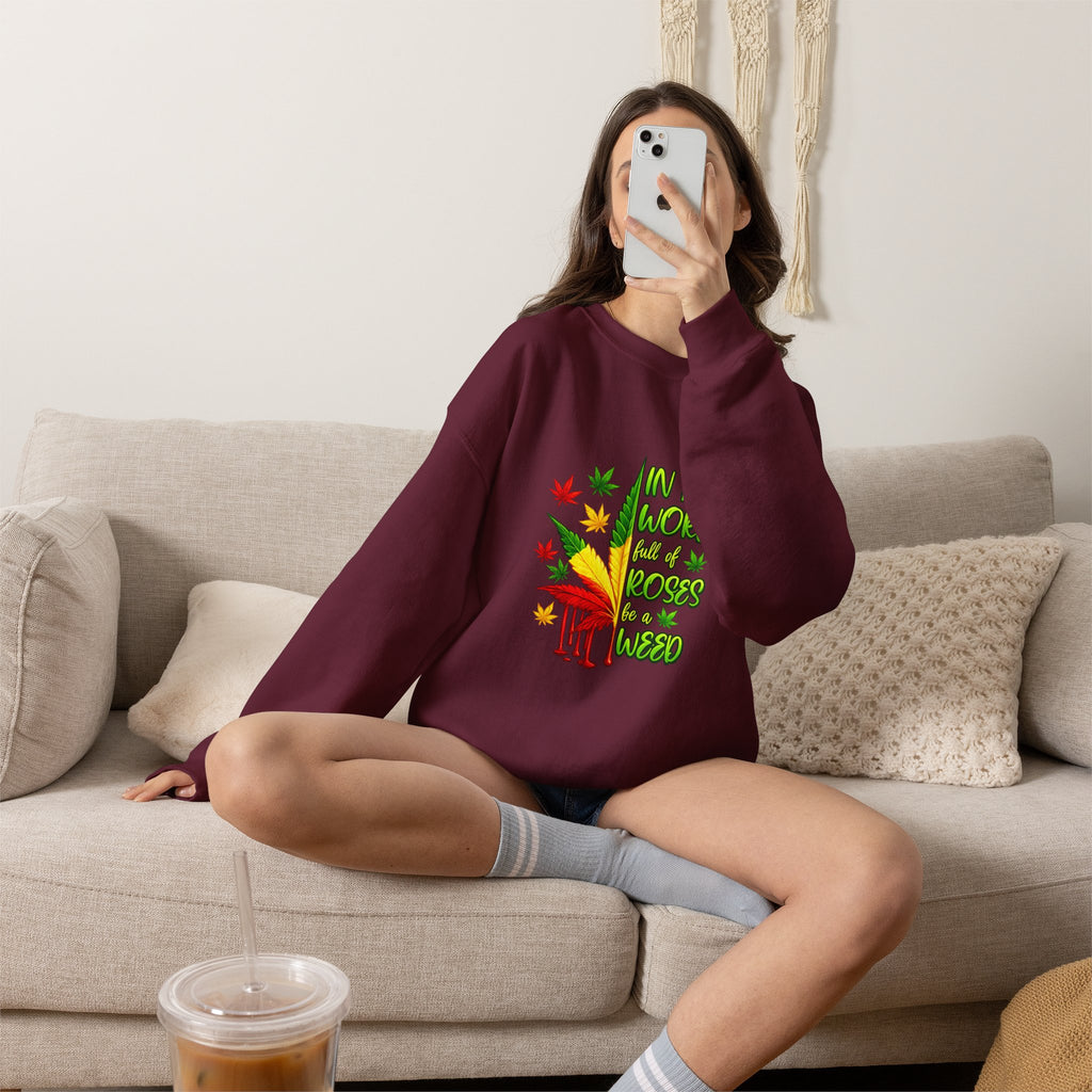 Crewneck Sweatshirt — "In a World Full of Roses Be a Weed" Rasta Cannabis Graphic