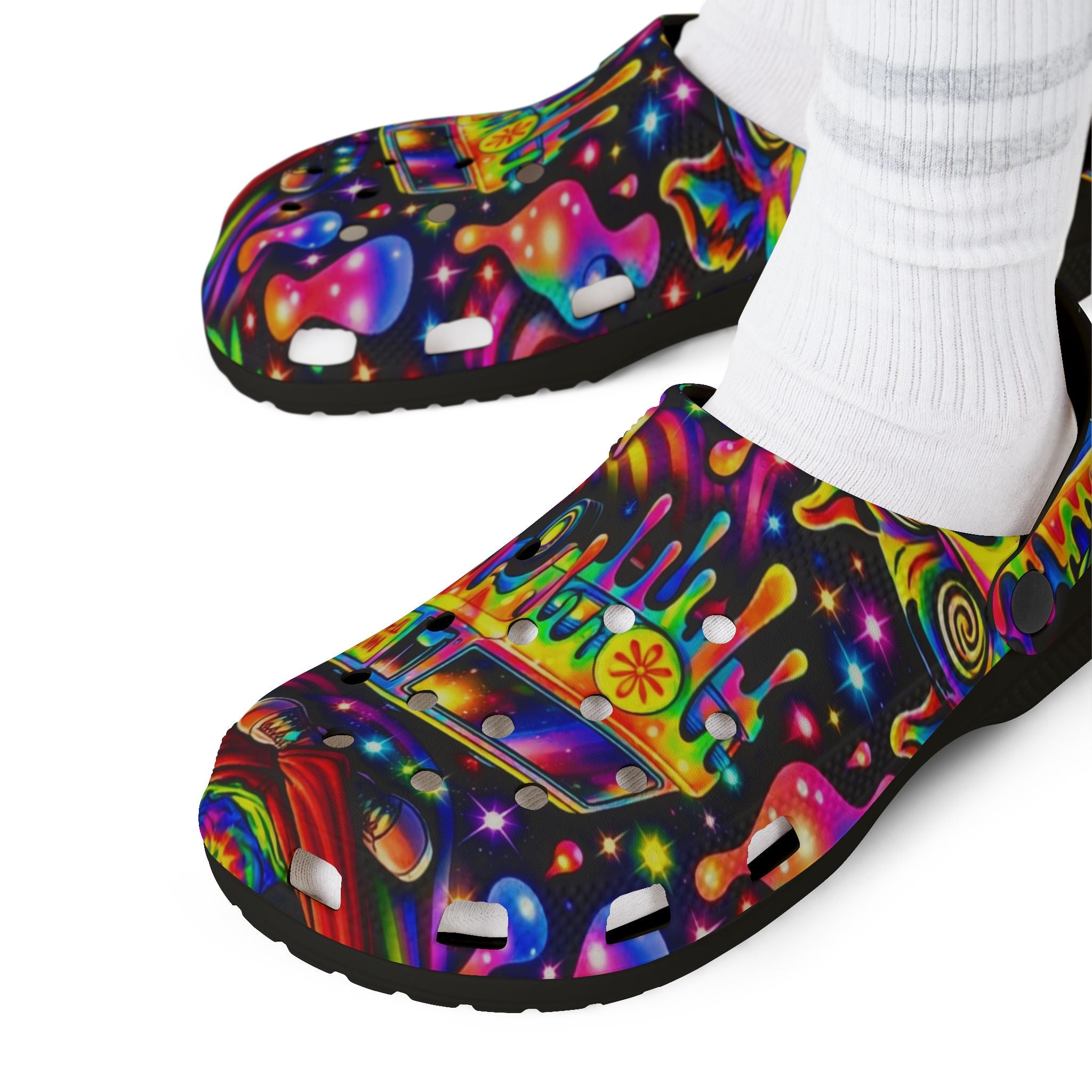 Psychedelic Hippie Van EVA Clogs — Colorful Drip Festival Slip-On Shoes