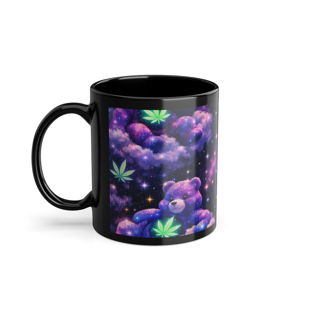 Celestial Dream Cat Black Coffee Mug — 11oz Galaxy Moon Design