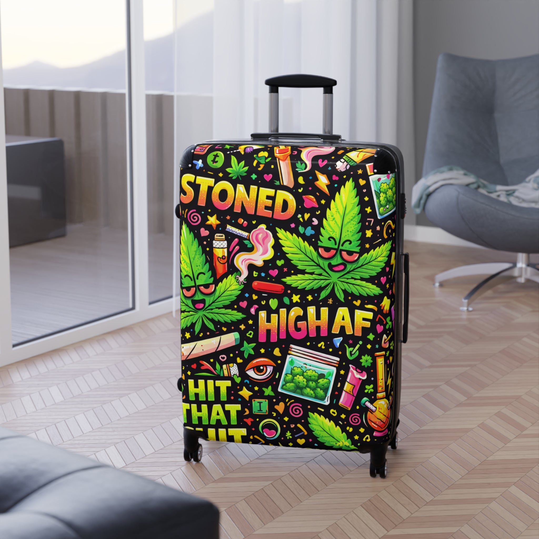 High AF Stoned Travel Suitcase – Colorful Cannabis Luggage Cover