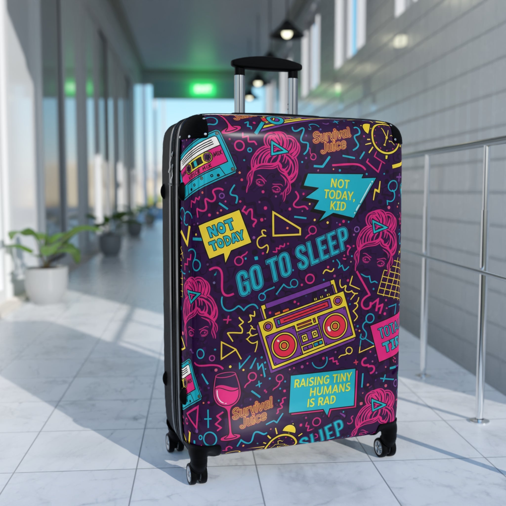 Carry-On Suitcase with Neon ‘Go To Sleep’ Retro Mom Travel Cover