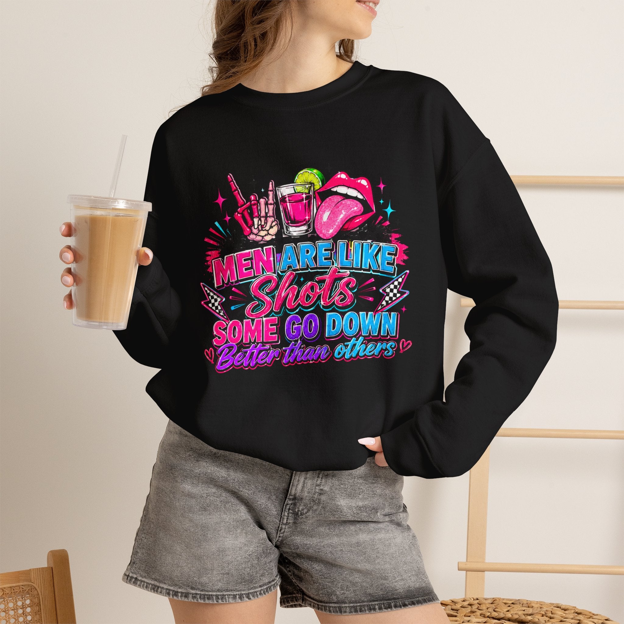 Crewneck Sweatshirt — "Men Are Like Shots" Retro Neon Cocktail Graphic