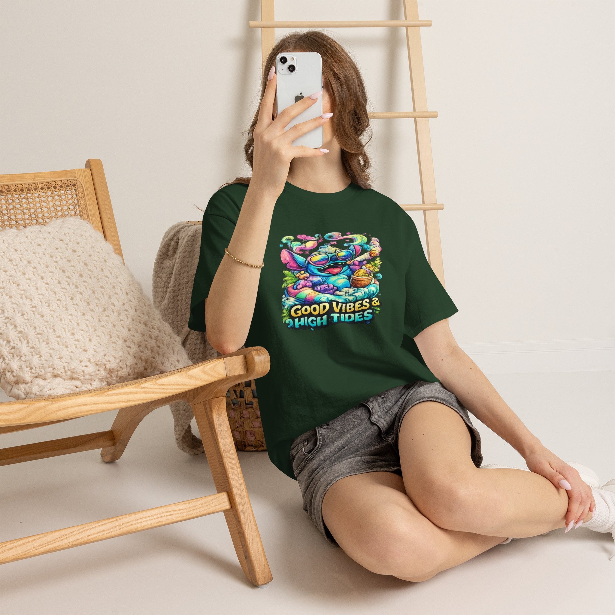 T-Shirt — "Good Vibes & High Tides" Colorful Surf Shark Graphic Tee