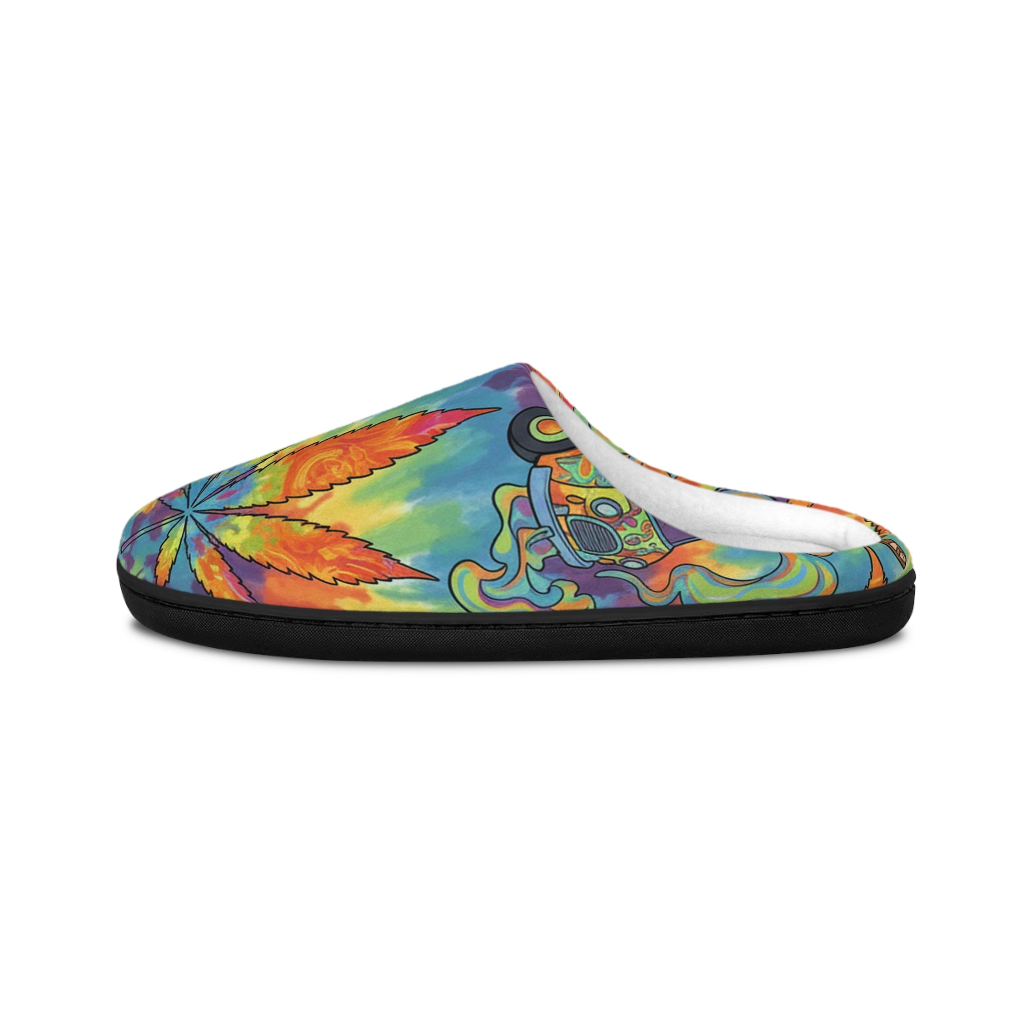 Psychedelic Tie-Dye Slippers — Colorful Retro Bus & Leaf Indoor Cozy