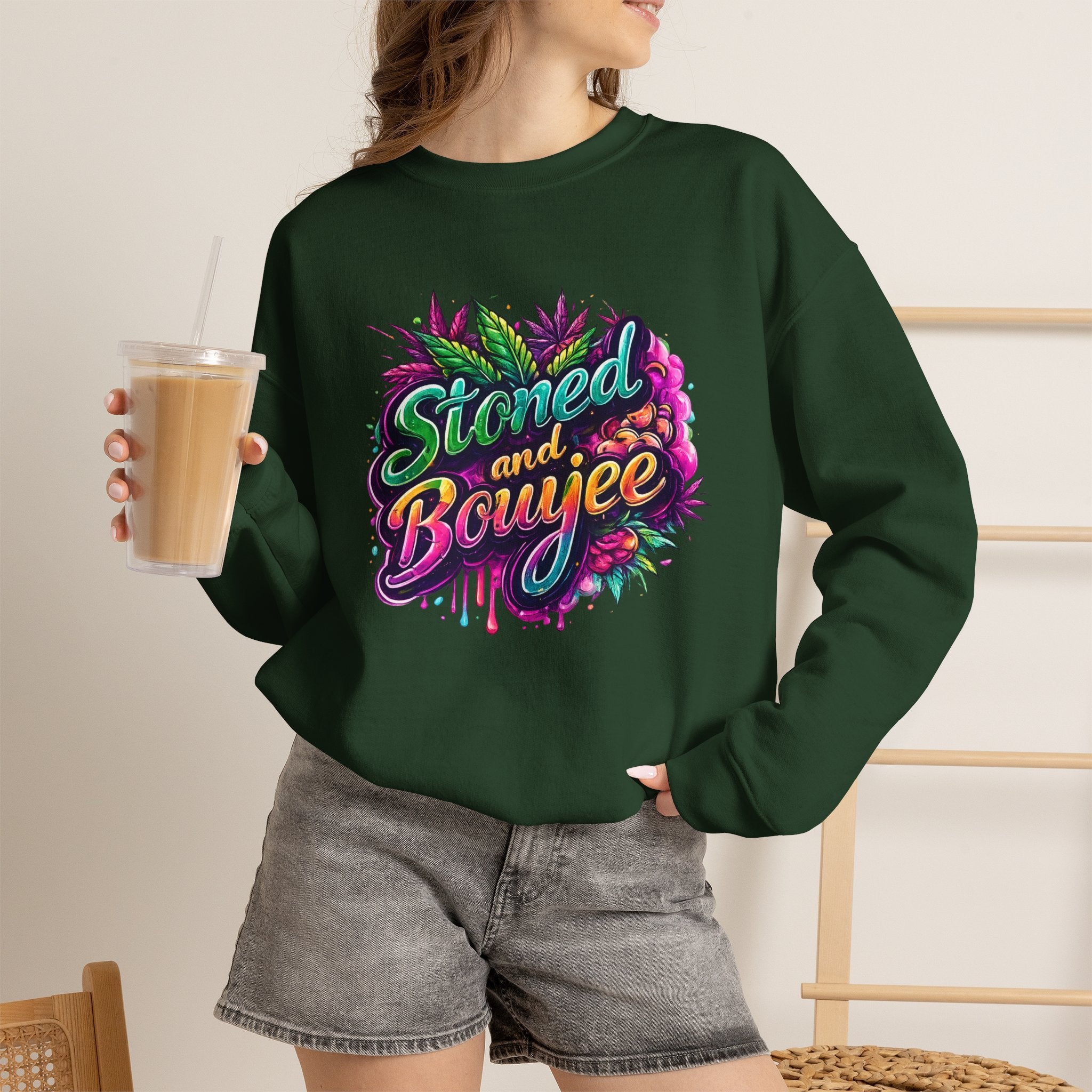 Crewneck Sweatshirt — "Stoned and Boujee" Colorful Cannabis Graphic