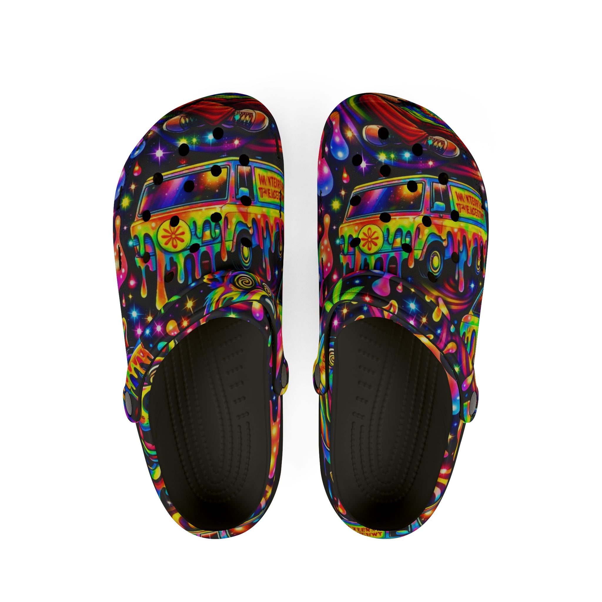 Psychedelic Hippie Van EVA Clogs — Colorful Drip Festival Slip-On Shoes