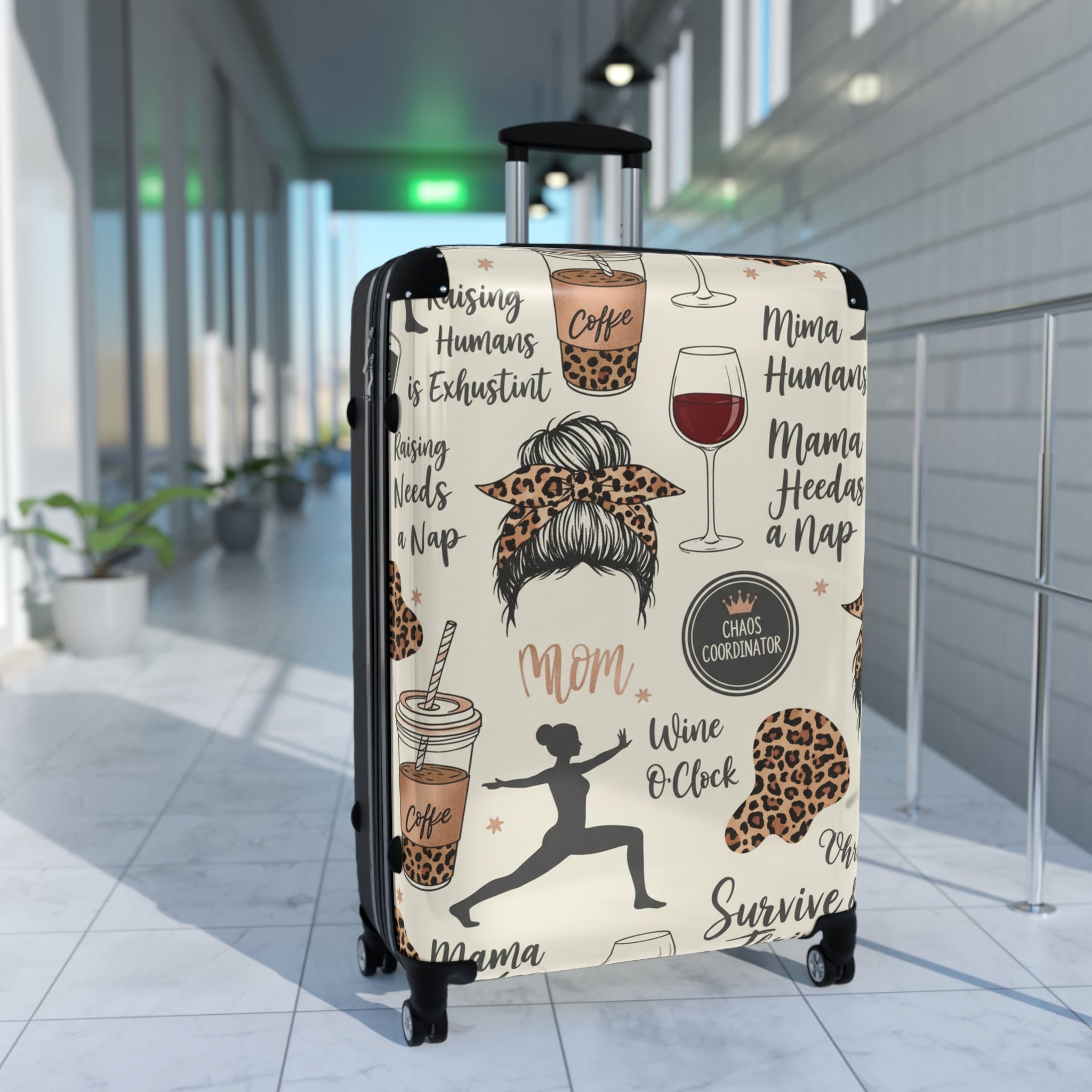 Mama Travel Suitcase - Funny Mom Pattern with Wine, Coffee & Leopard Print