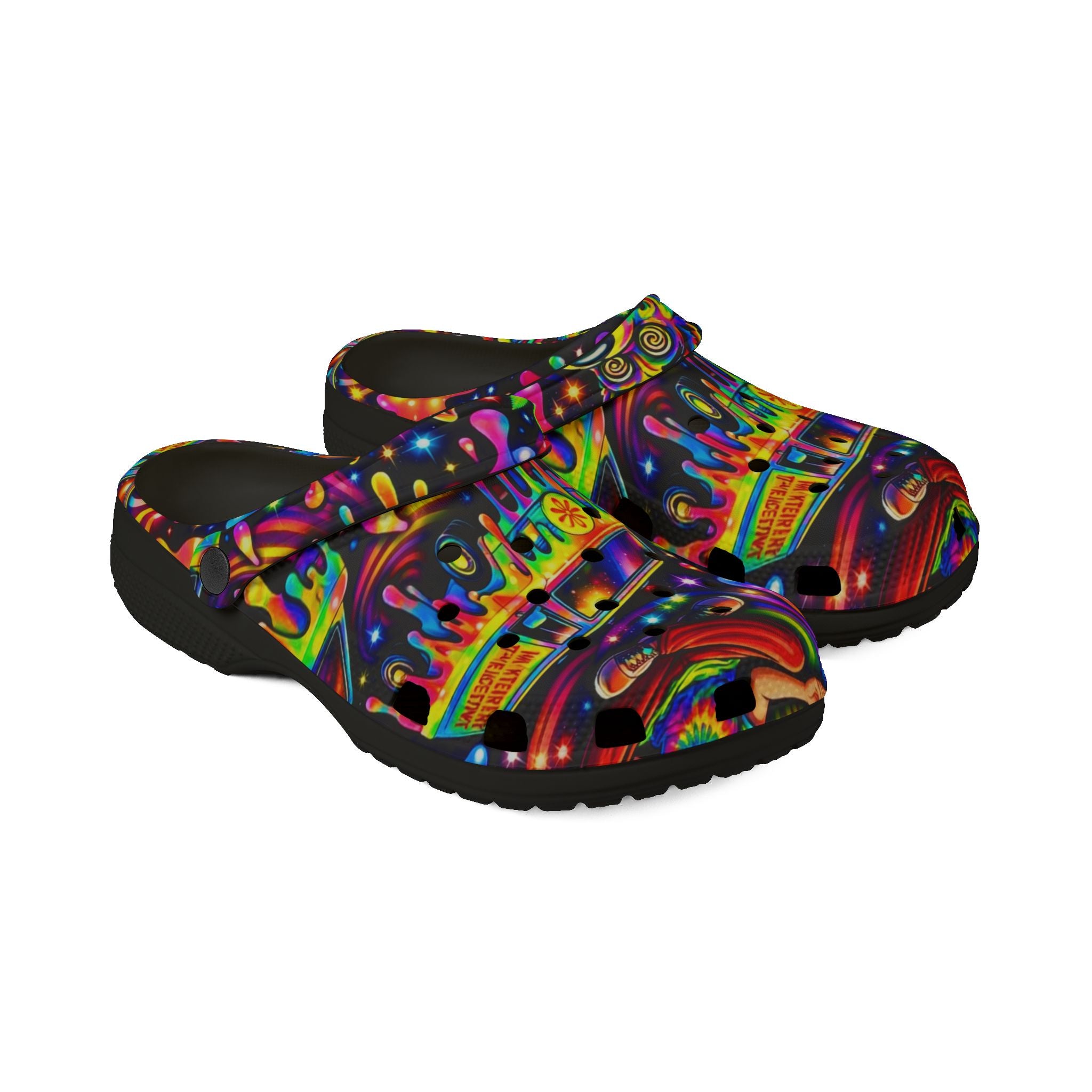 Psychedelic Hippie Van EVA Clogs — Colorful Drip Festival Slip-On Shoes