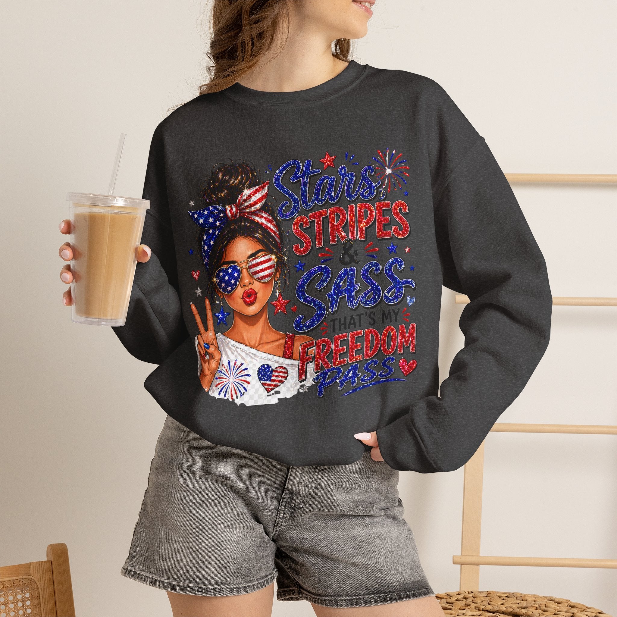 Patriotic 'Stars, Stripes & Sass' Crewneck Sweatshirt – 4th of July Freedom Pass Graphic