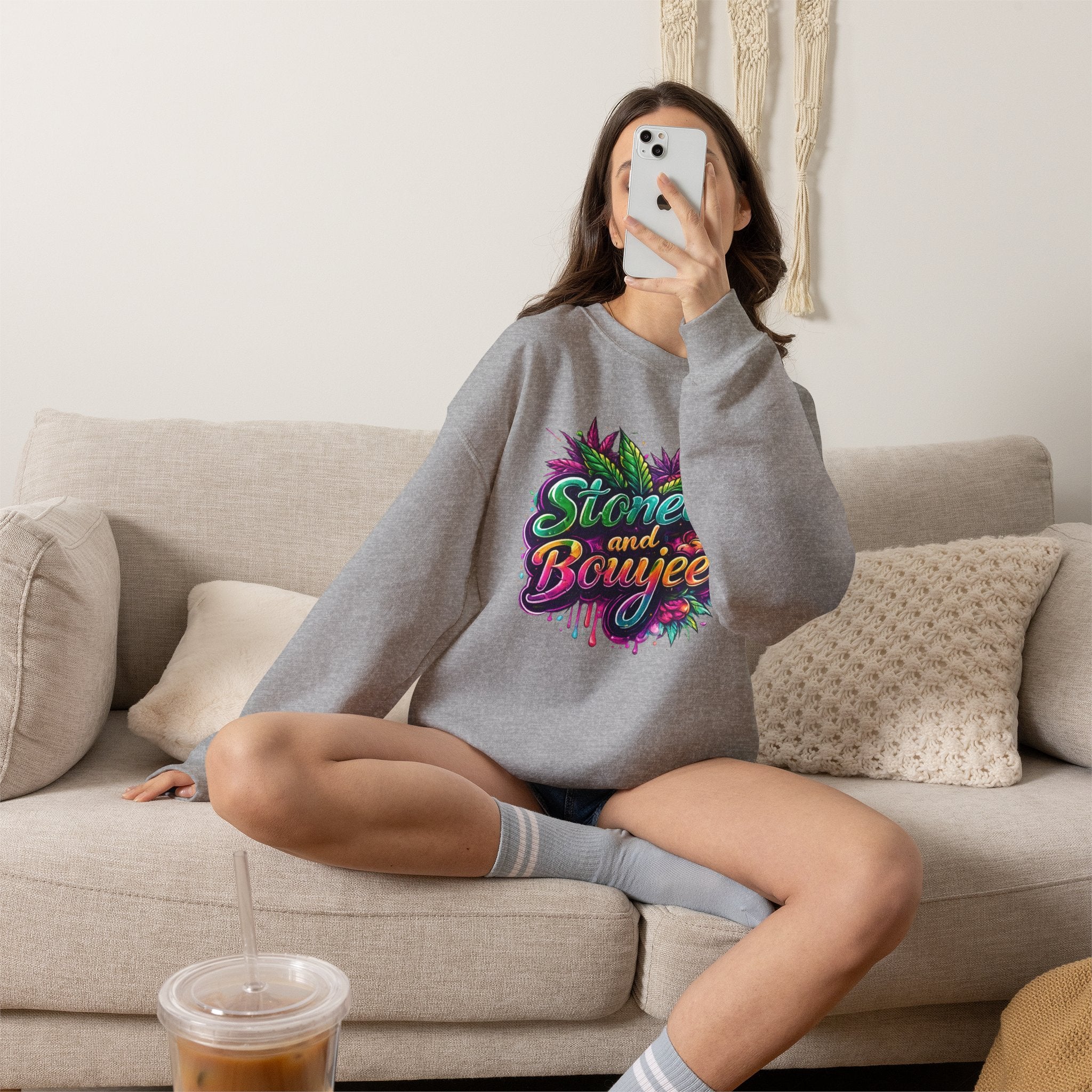Crewneck Sweatshirt — "Stoned and Boujee" Colorful Cannabis Graphic