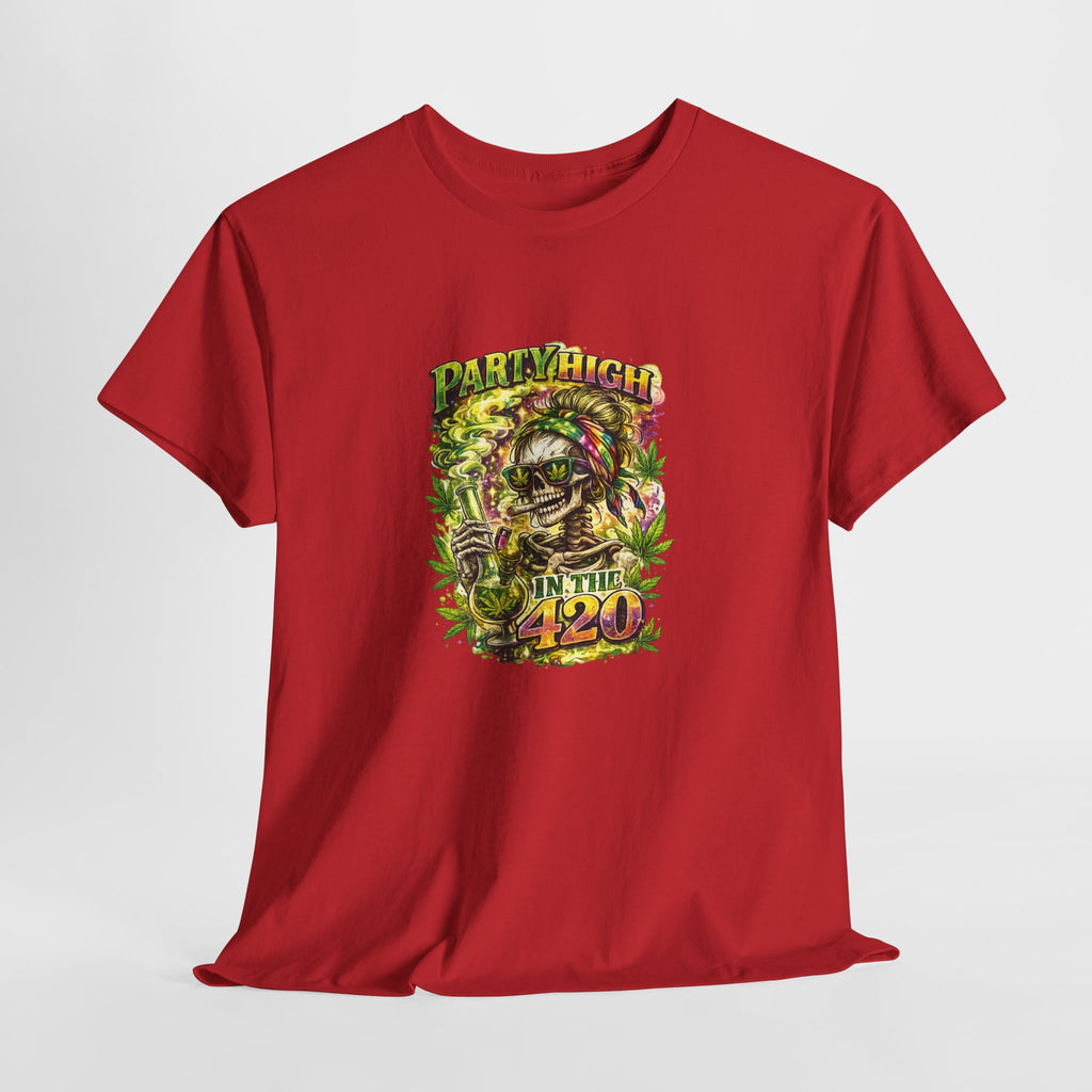 T-Shirt — 'Party High the 420' Cannabis Skull Graphic Tee