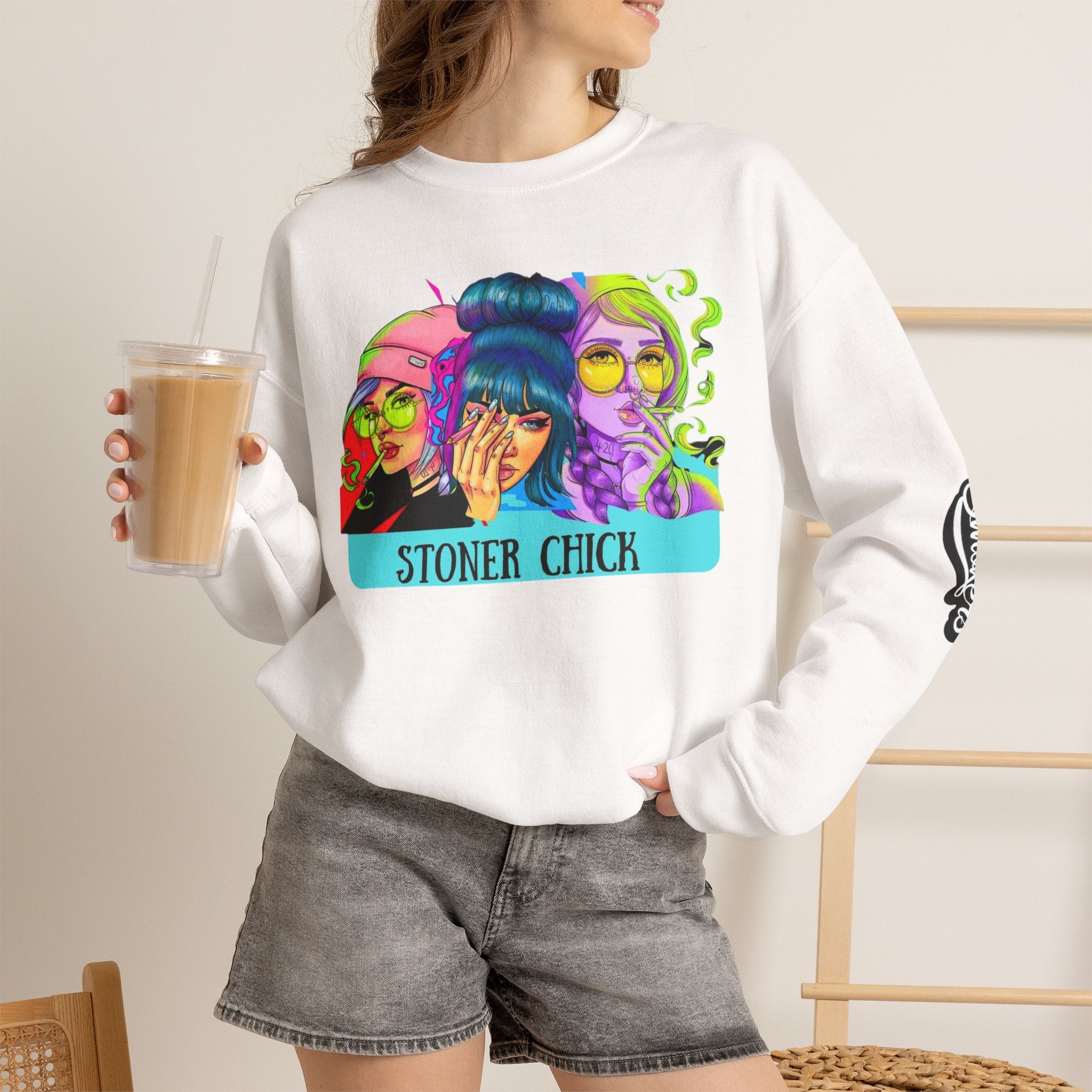 Stoner Chicks Crewneck Sweatshirt — Retro Cannabis Graphic