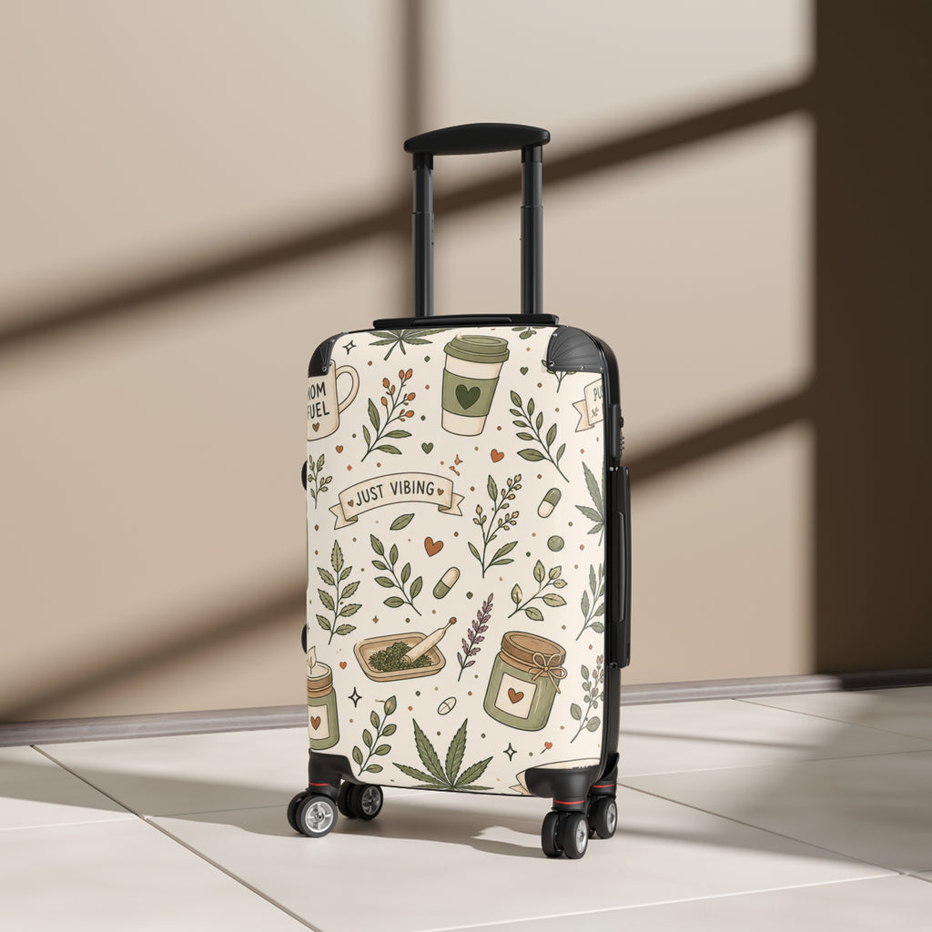 Suitcase — "Just Vibing" Mom Fuel Travel Luggage with Botanical Coffee & Hemp Pattern