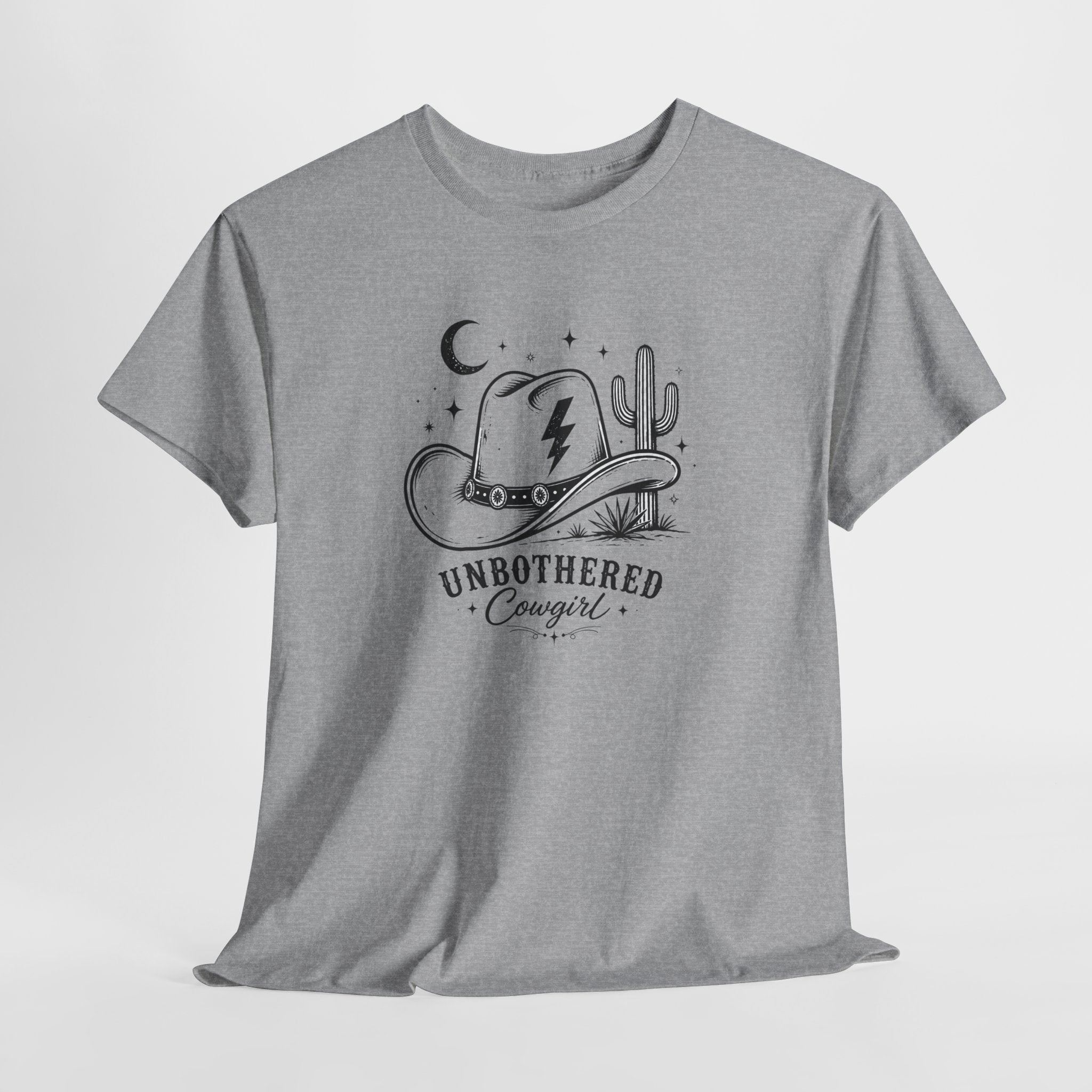Unbothered Cowgirl Graphic Tee — Western Cowboy Hat & Cactus Design