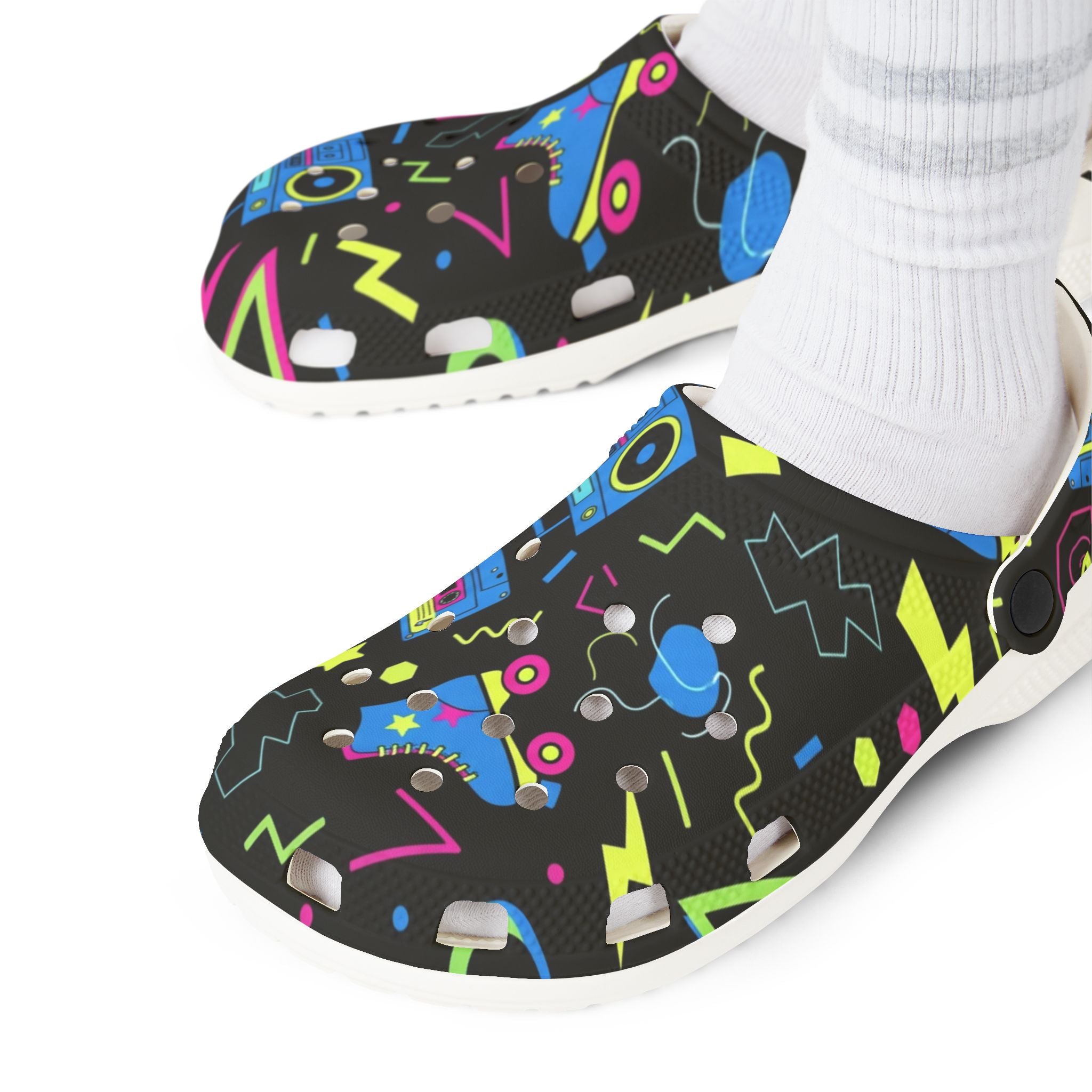 Retro Neon Roller Skate EVA Clogs — 80s Boombox & Stars Slip-On Shoes