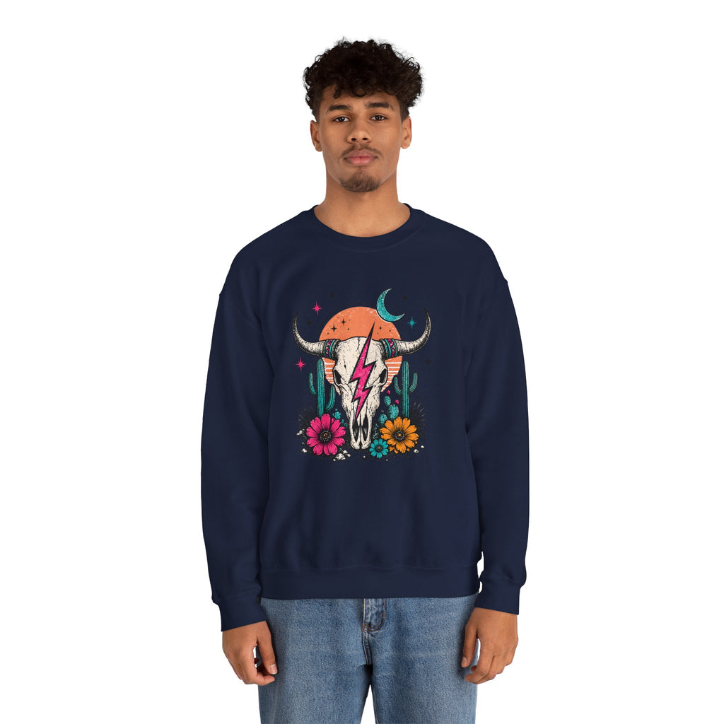 Southwest Skull Crewneck Sweatshirt — Desert Cactus Lightning Graphic