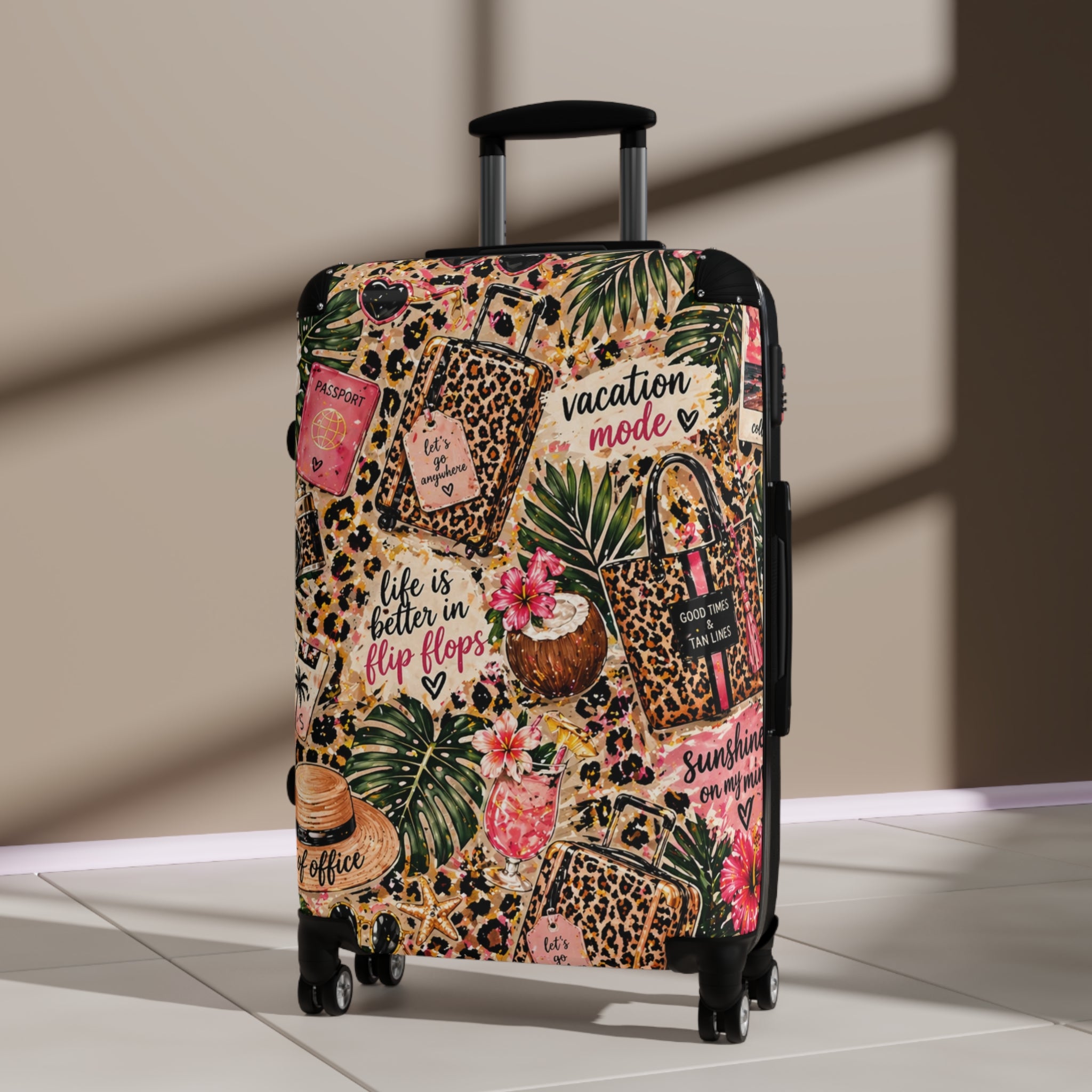 Leopard Tropical "Vacation Mode" Suitcase — Cabin Luggage Cover with ‘Life Is Better in Flip Flops’ Design