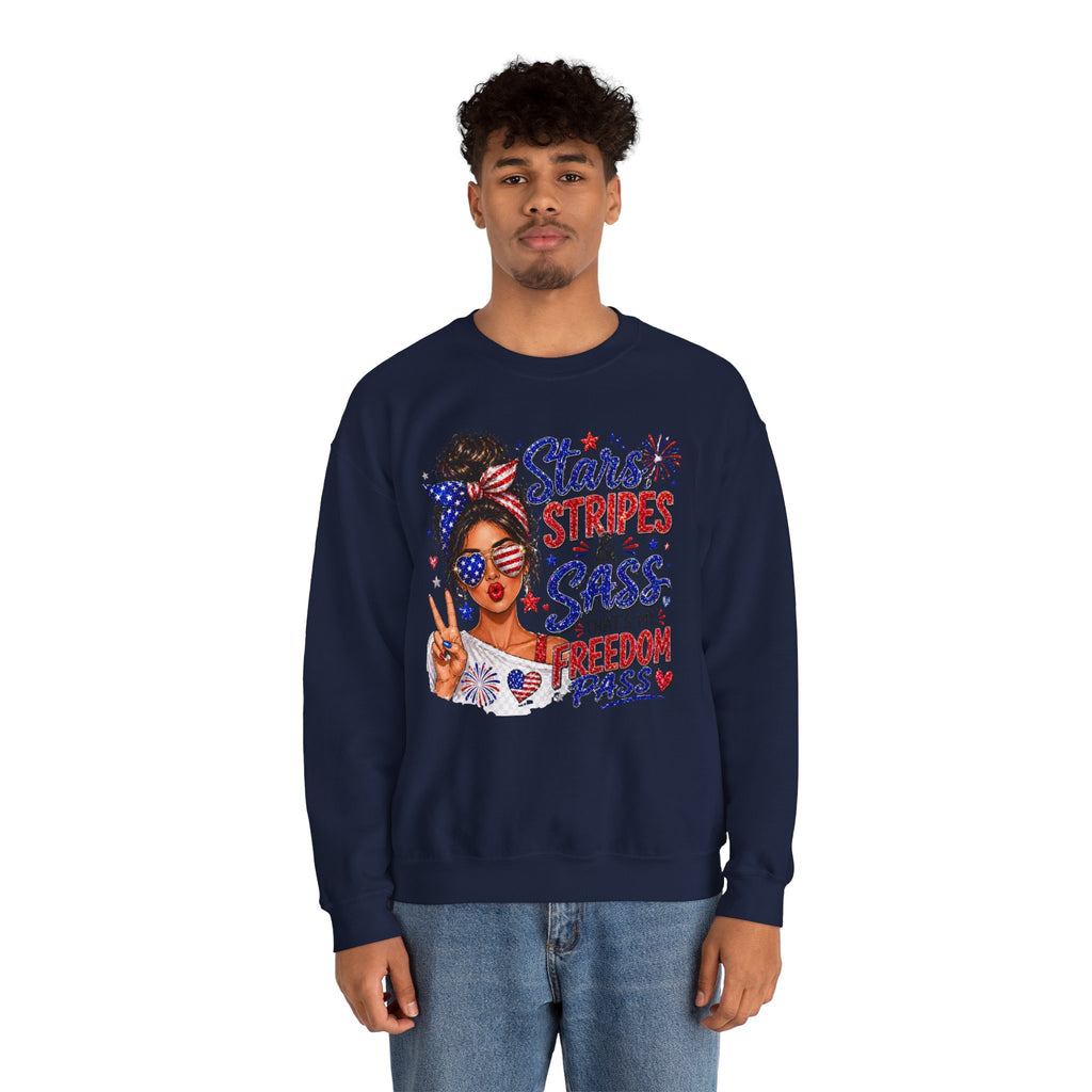 Patriotic 'Stars, Stripes & Sass' Crewneck Sweatshirt – 4th of July Freedom Pass Graphic
